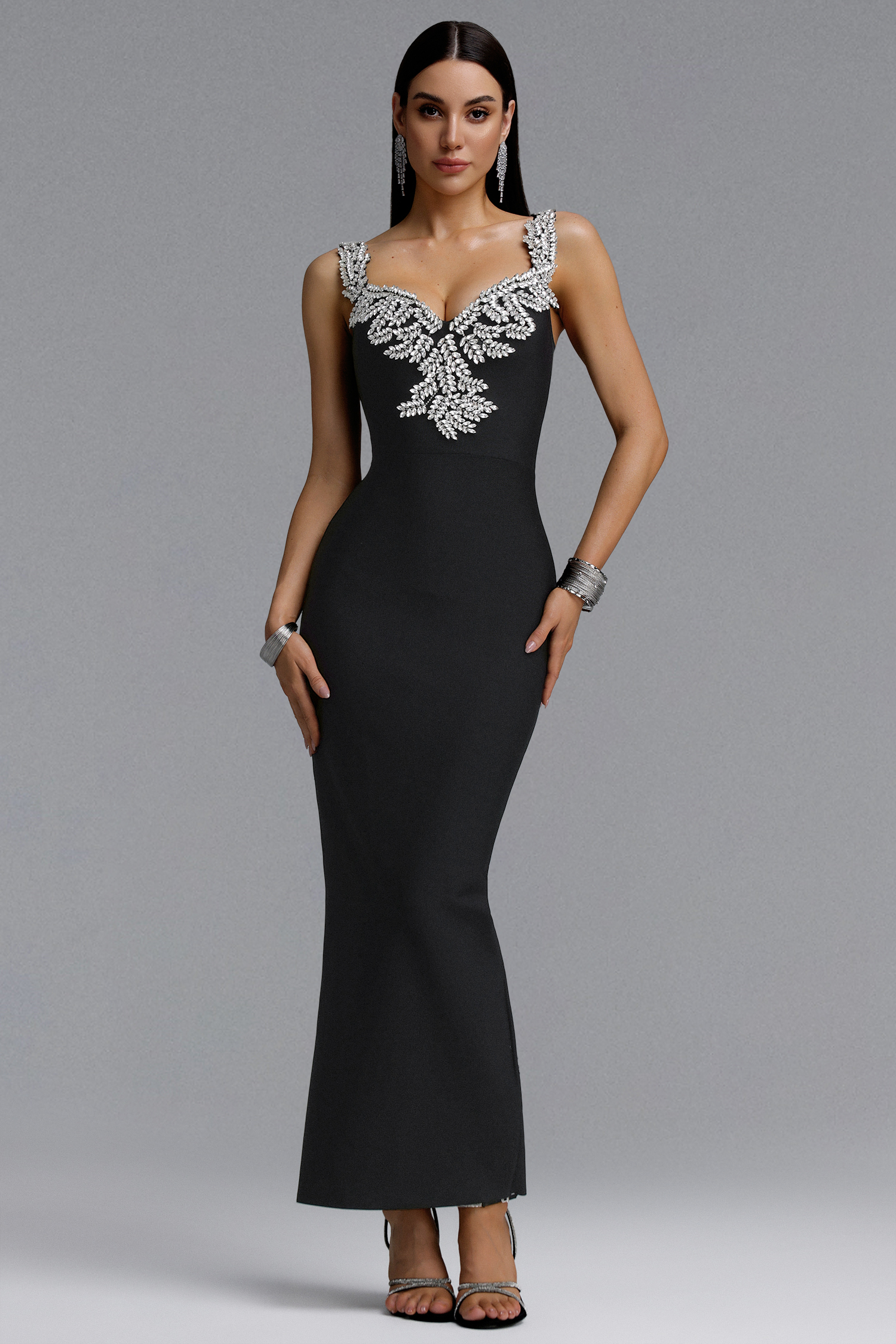 Lila Elegant Contour Spaghetti Strap V Neck Large Leaf Rhinestone Bandage Midi Dress