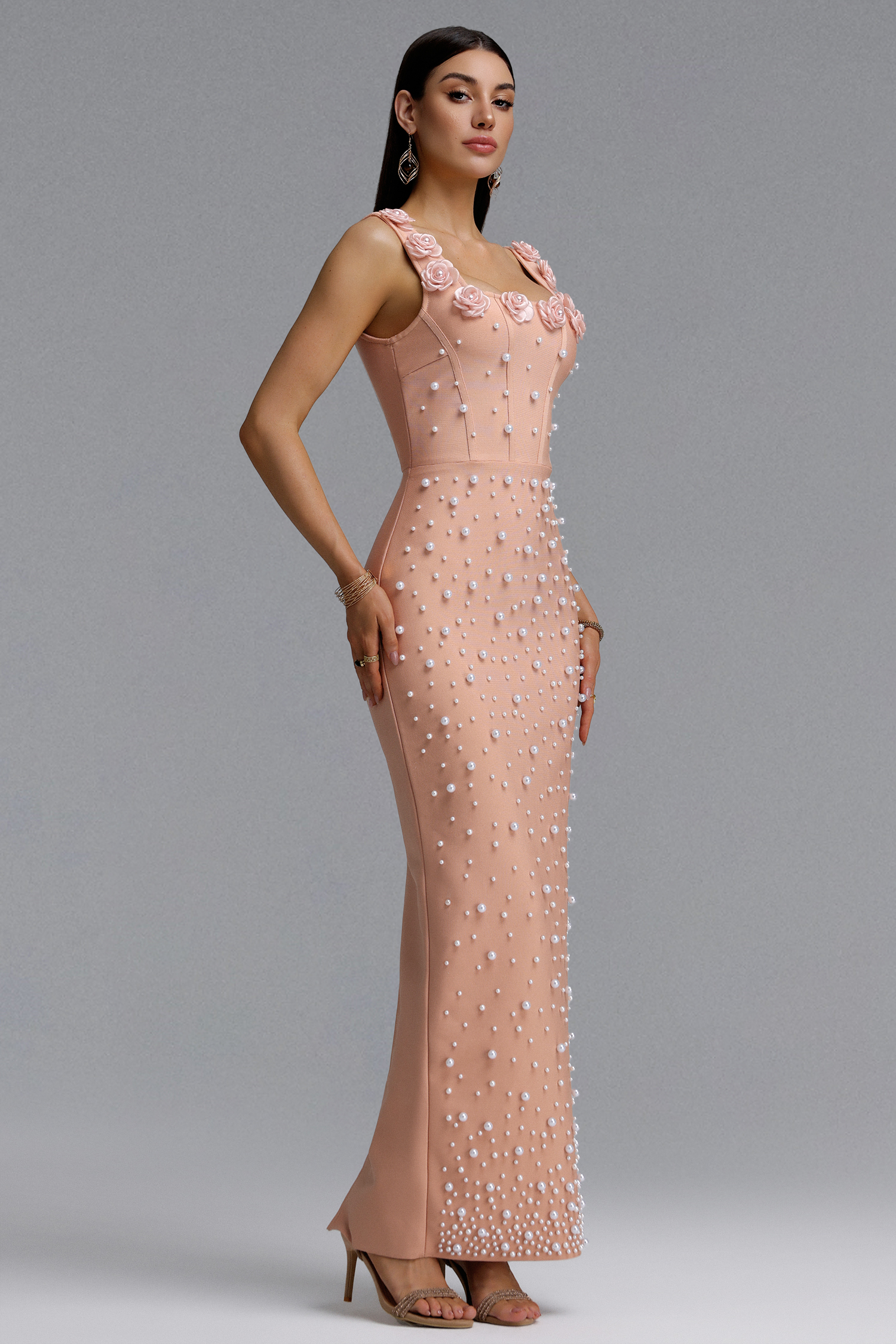Shea Elegant Contour Square Neck Floral Pearl Bandage Beige Maxi Dress