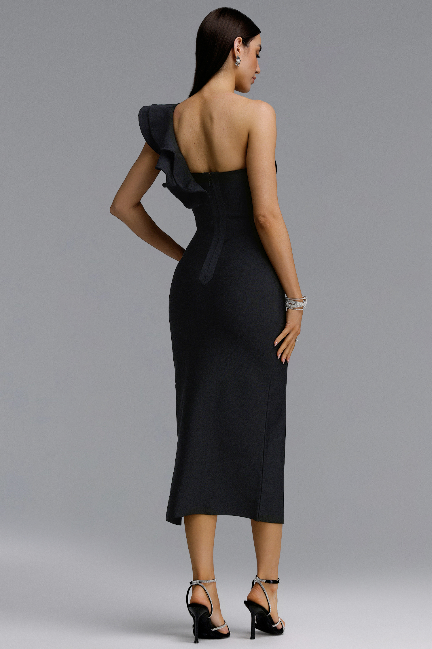 Winnie Minimal Contour One Shoulder Ruffle High Slit Bandage Midi Dress