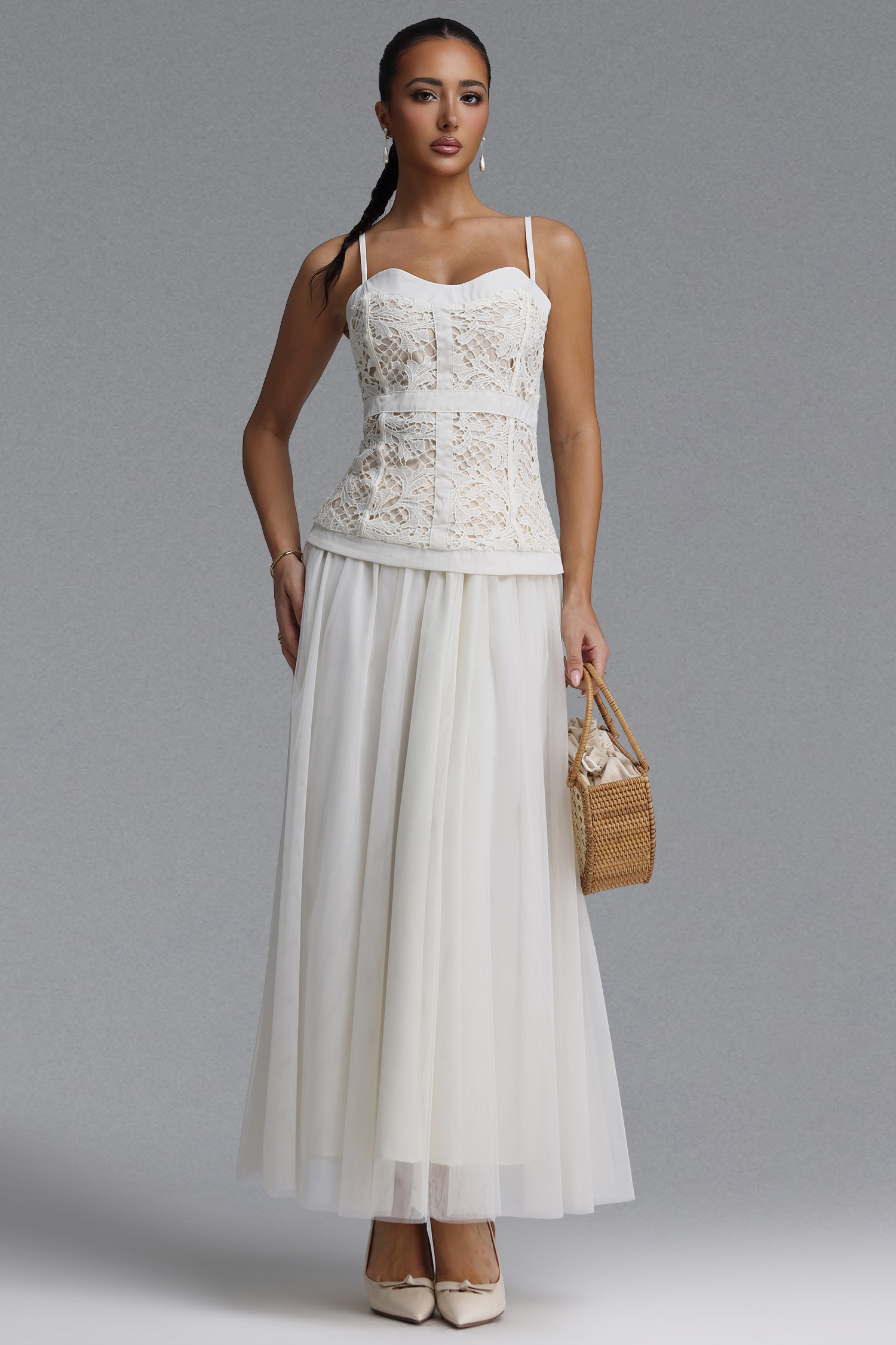 Yuyo Elegant Cinched Spaghetti Strap Floral Lace Trimmed Tulle Top and Skirt Two Piece Set