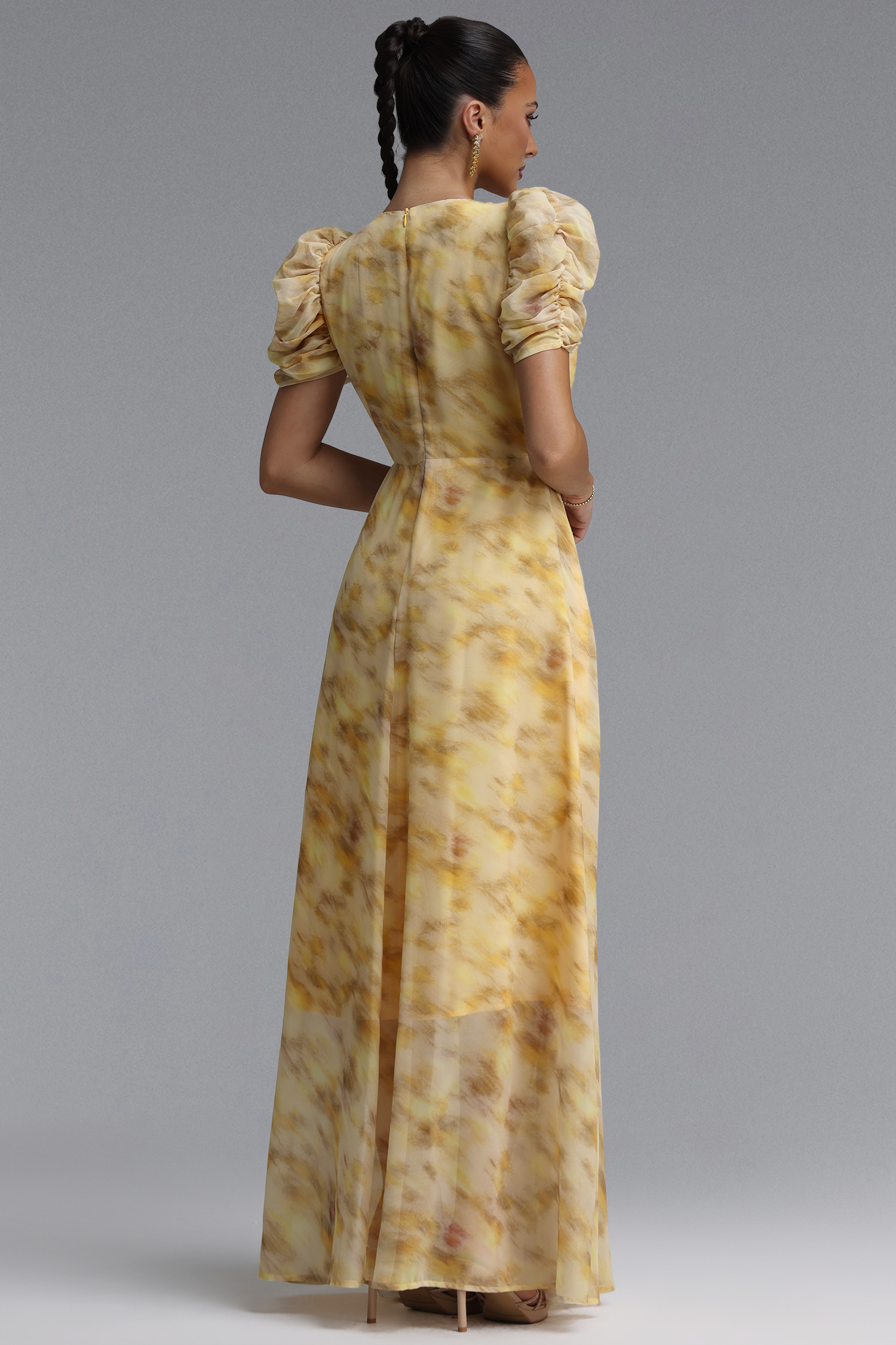 Dye Resort Flowy V Neck Puff Sleeve Rhinestone Chiffon Maxi Dress