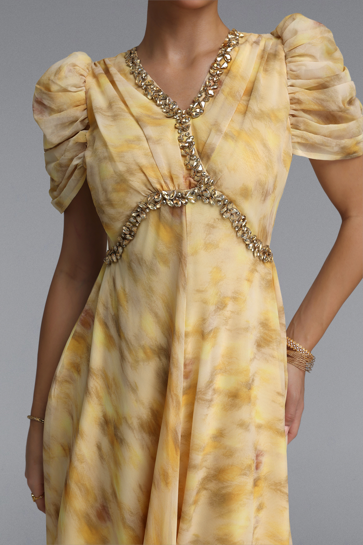 Dye Resort Flowy V Neck Puff Sleeve Rhinestone Chiffon Maxi Dress
