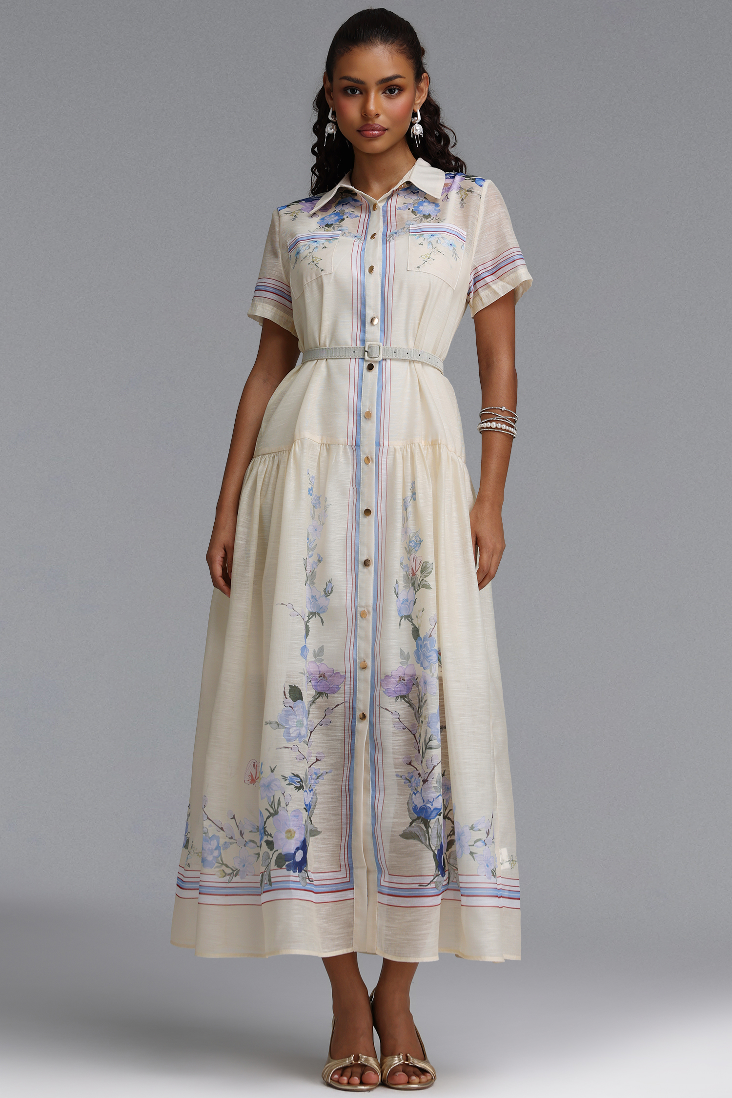 Hena Romantic Tailored Short Sleeve Print Woven Maxi Dress