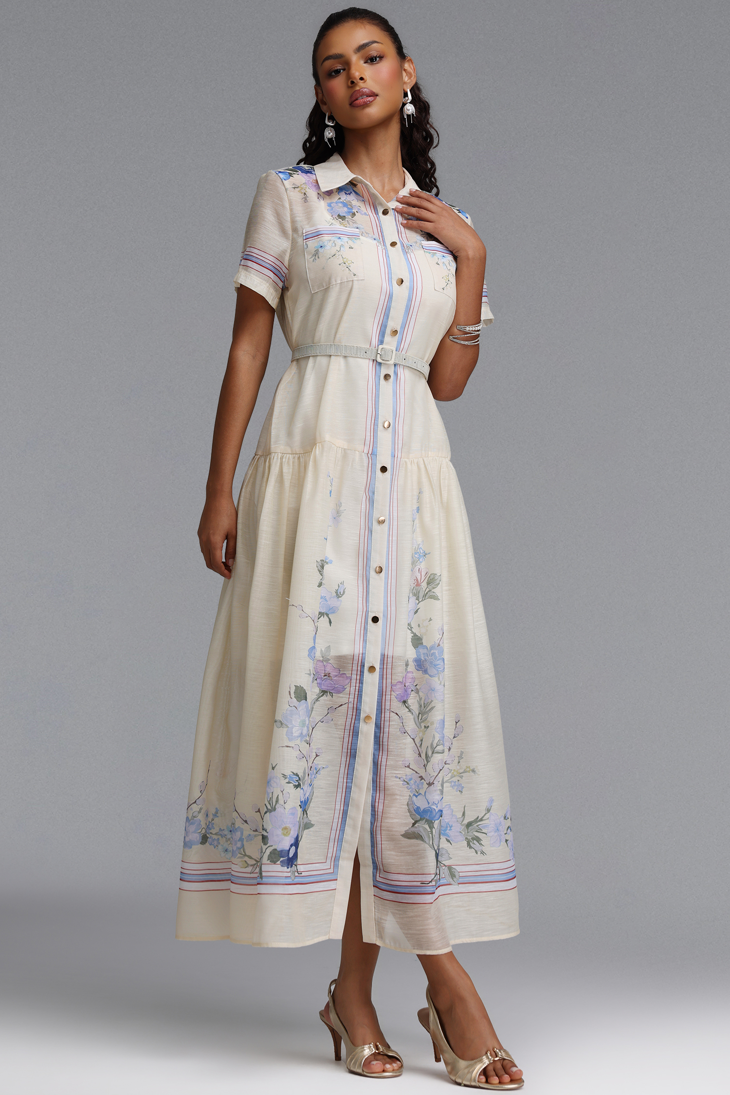 Hena Romantic Tailored Short Sleeve Print Woven Maxi Dress
