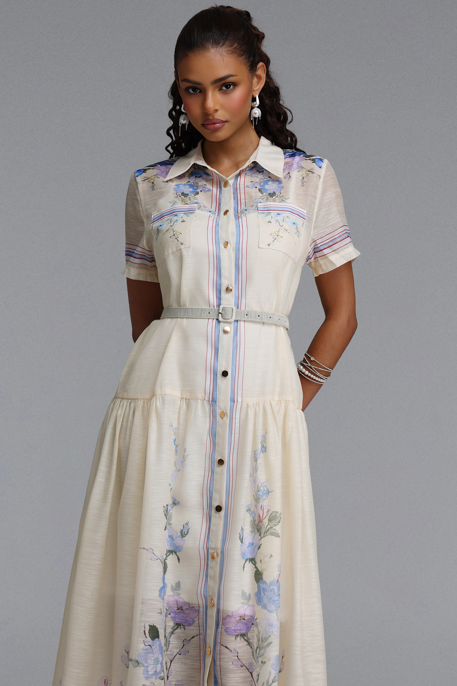 Hena Romantic Tailored Short Sleeve Print Woven Maxi Dress
