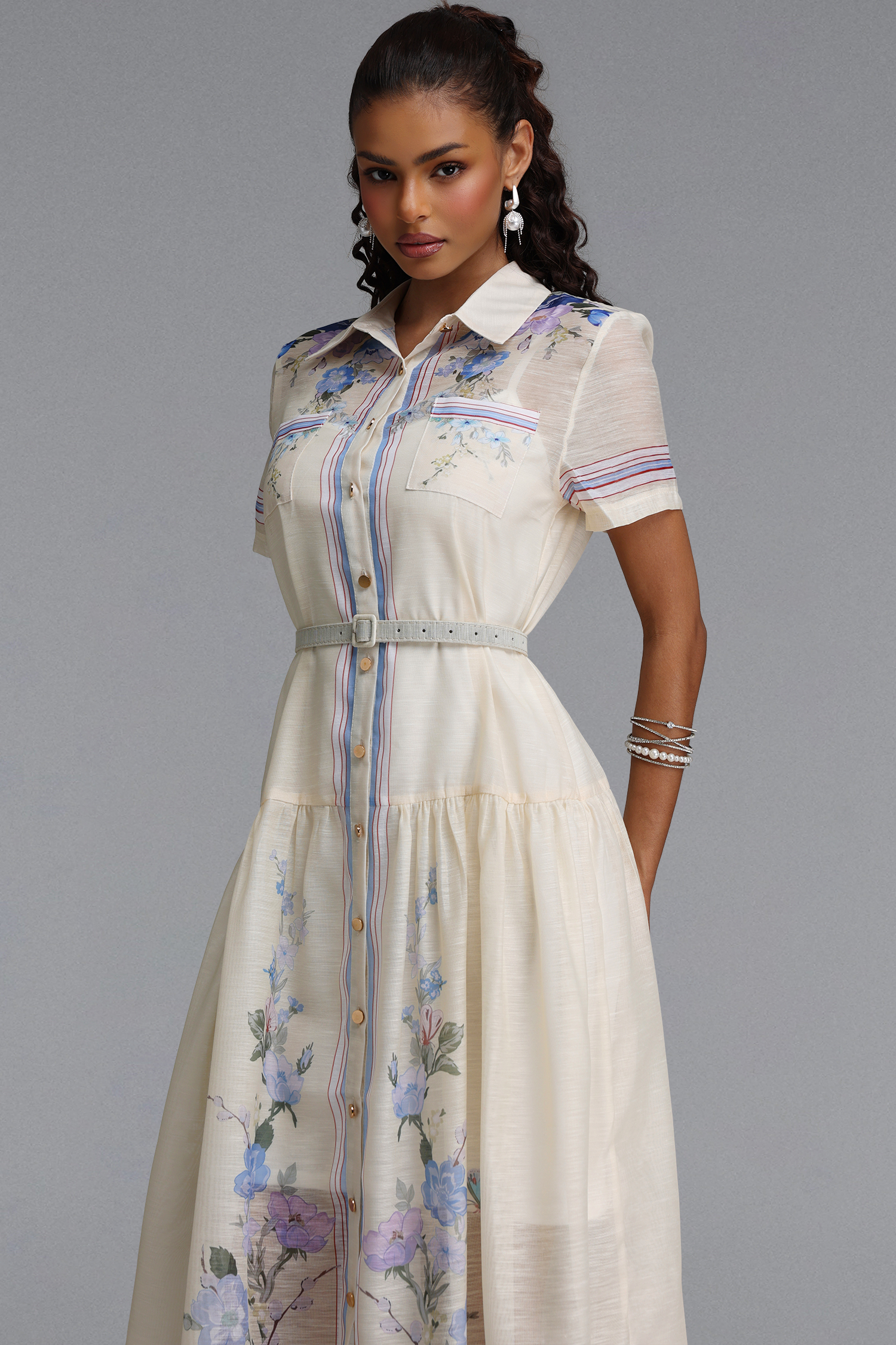 Hena Romantic Tailored Short Sleeve Print Woven Maxi Dress