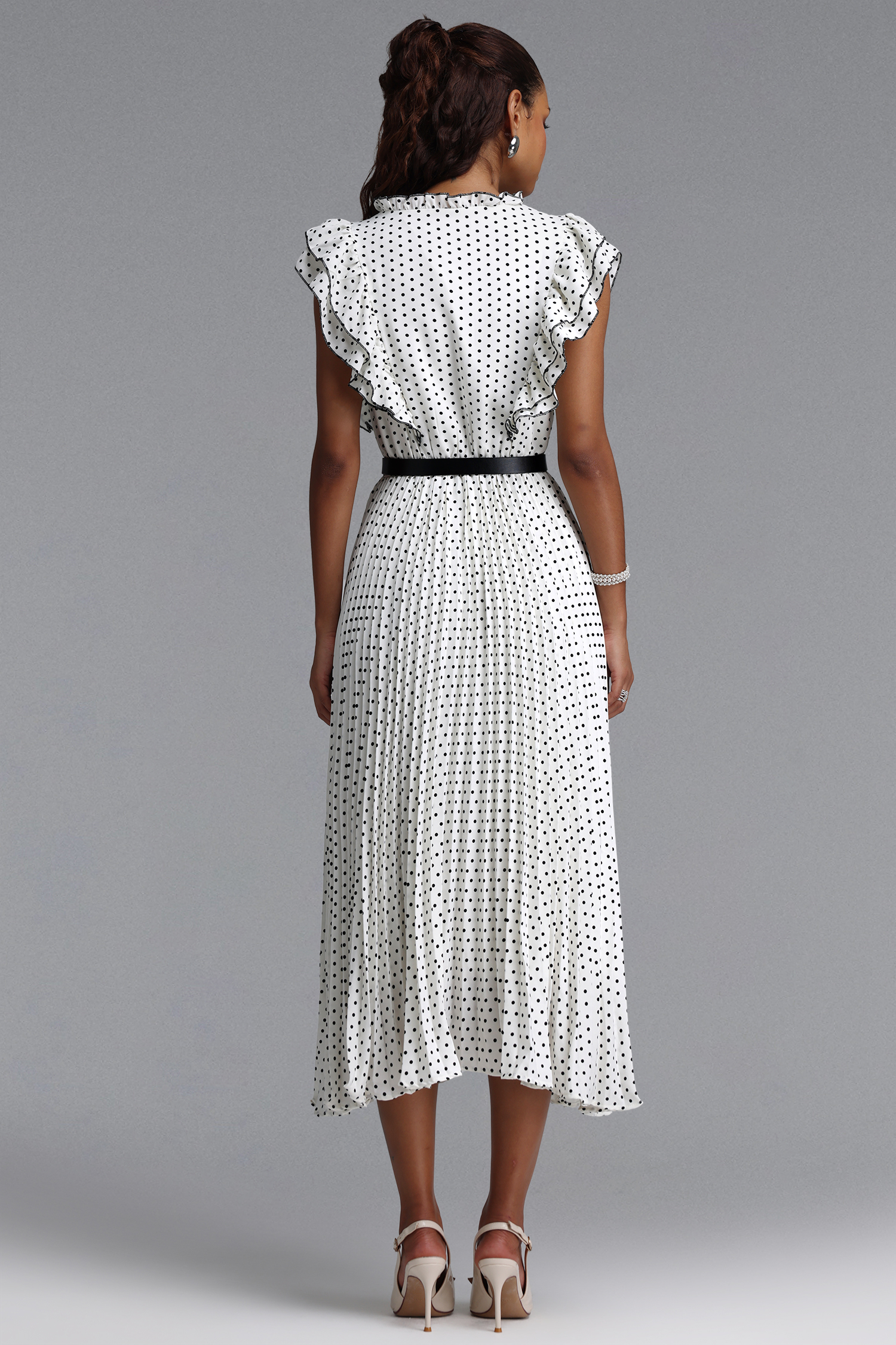 Keely Classic Tailored Ruffle Pleated Polka Dot Woven Maxi Dress