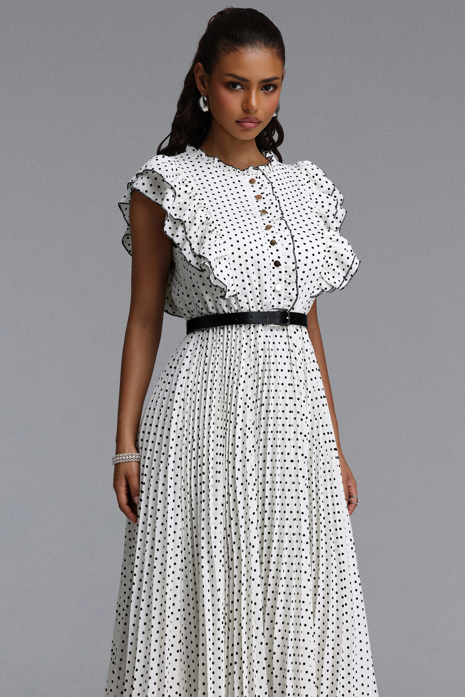 Keely Classic Tailored Ruffle Pleated Polka Dot Woven Maxi Dress