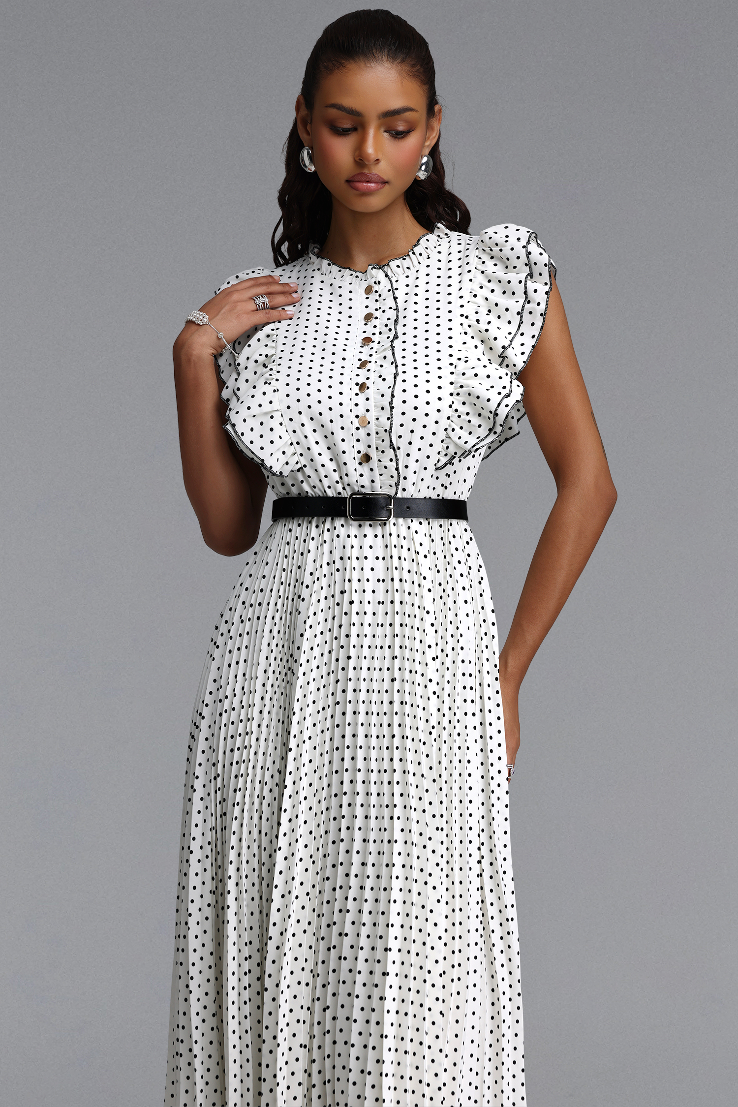 Keely Classic Tailored Ruffle Pleated Polka Dot Woven Maxi Dress