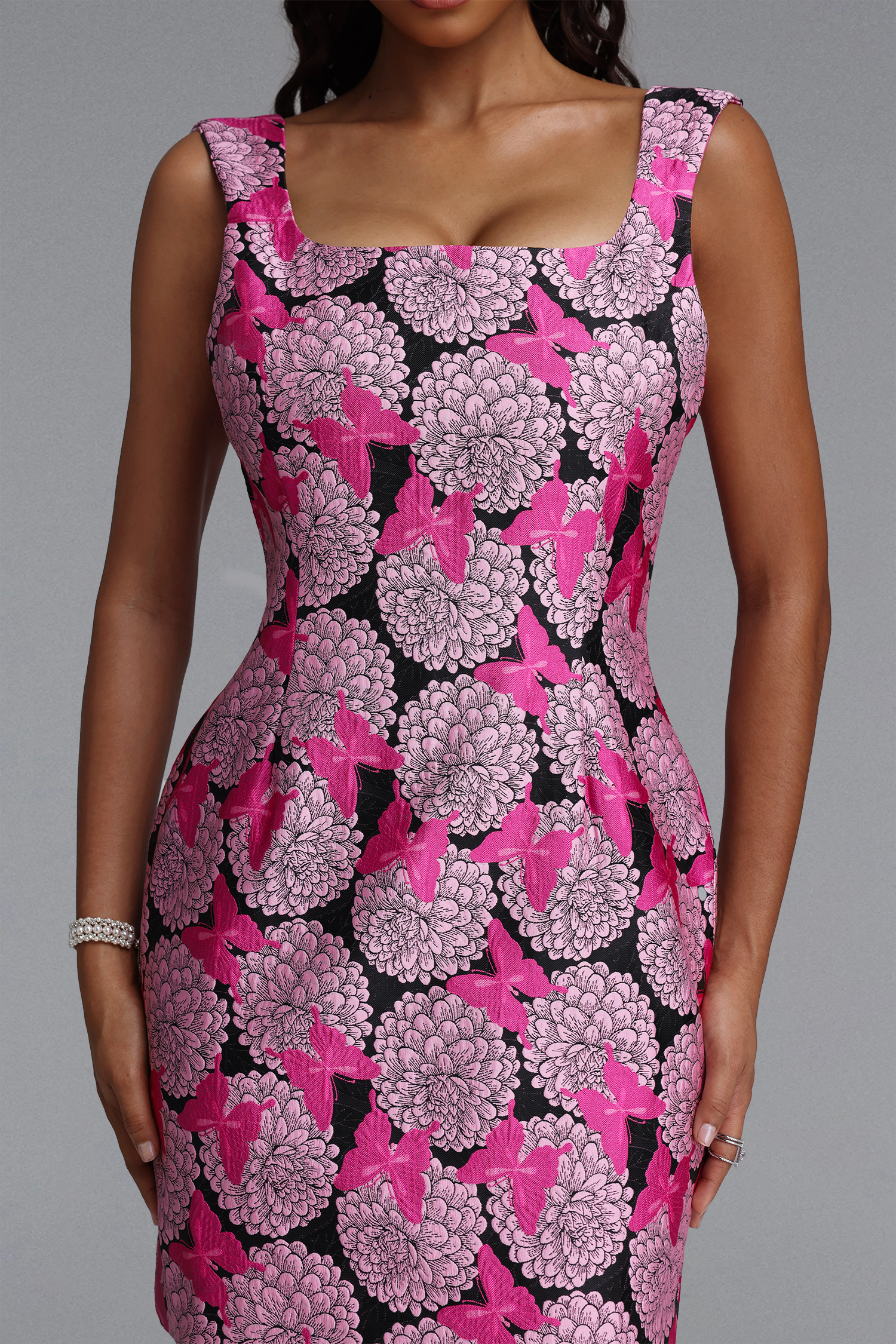 Sharian Vintage Tailored Square Neck Sleeveless Jacquard Butterfly Floral Woven Mini Dress
