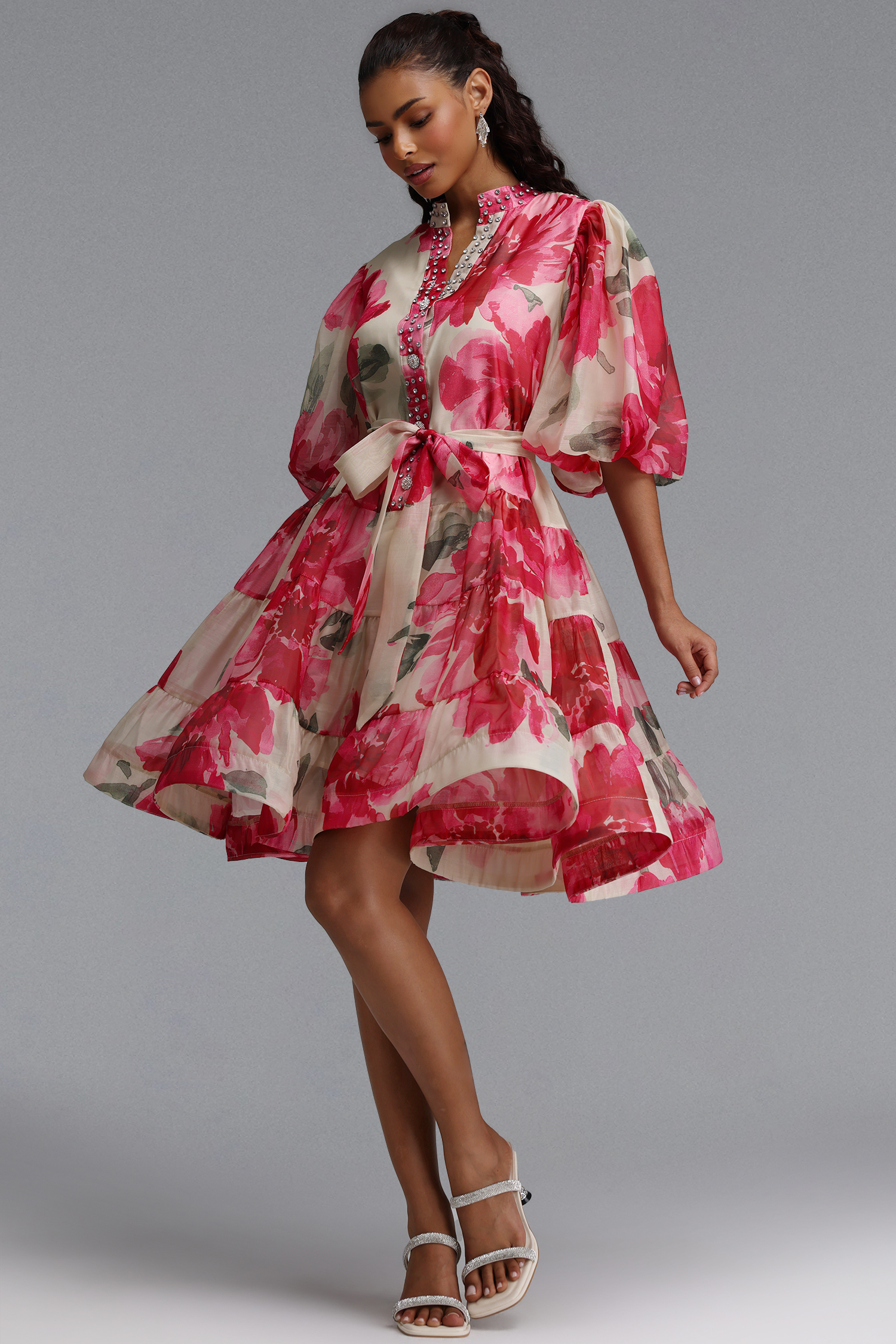 Samiya Romantic Flowy Puff Sleeve Rhinestone Floral Print Organza Mini Dress