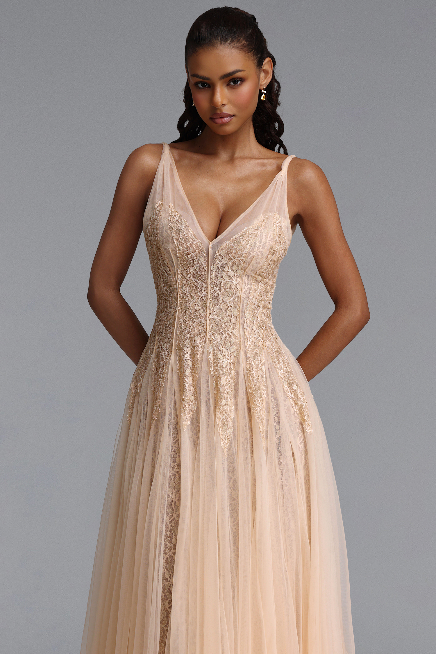 Daryl Romantic Flowy V Neck Spaghetti Strap Floral Lace Maxi Dress
