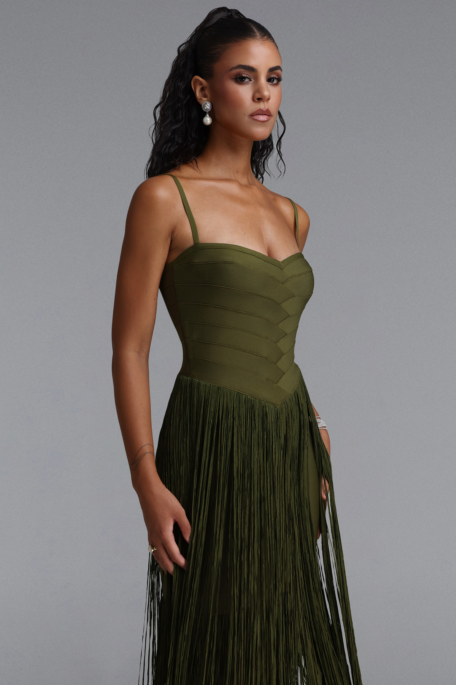 Vallea Classic Spaghetti Strap V Neck Tassel Bandage Maxi Dress