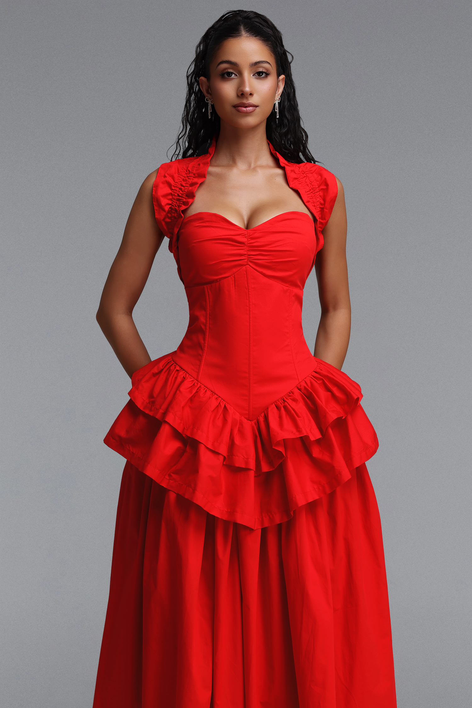 Shea Elegant Cinched Waist Halter Neck Ruffled Maxi Dress