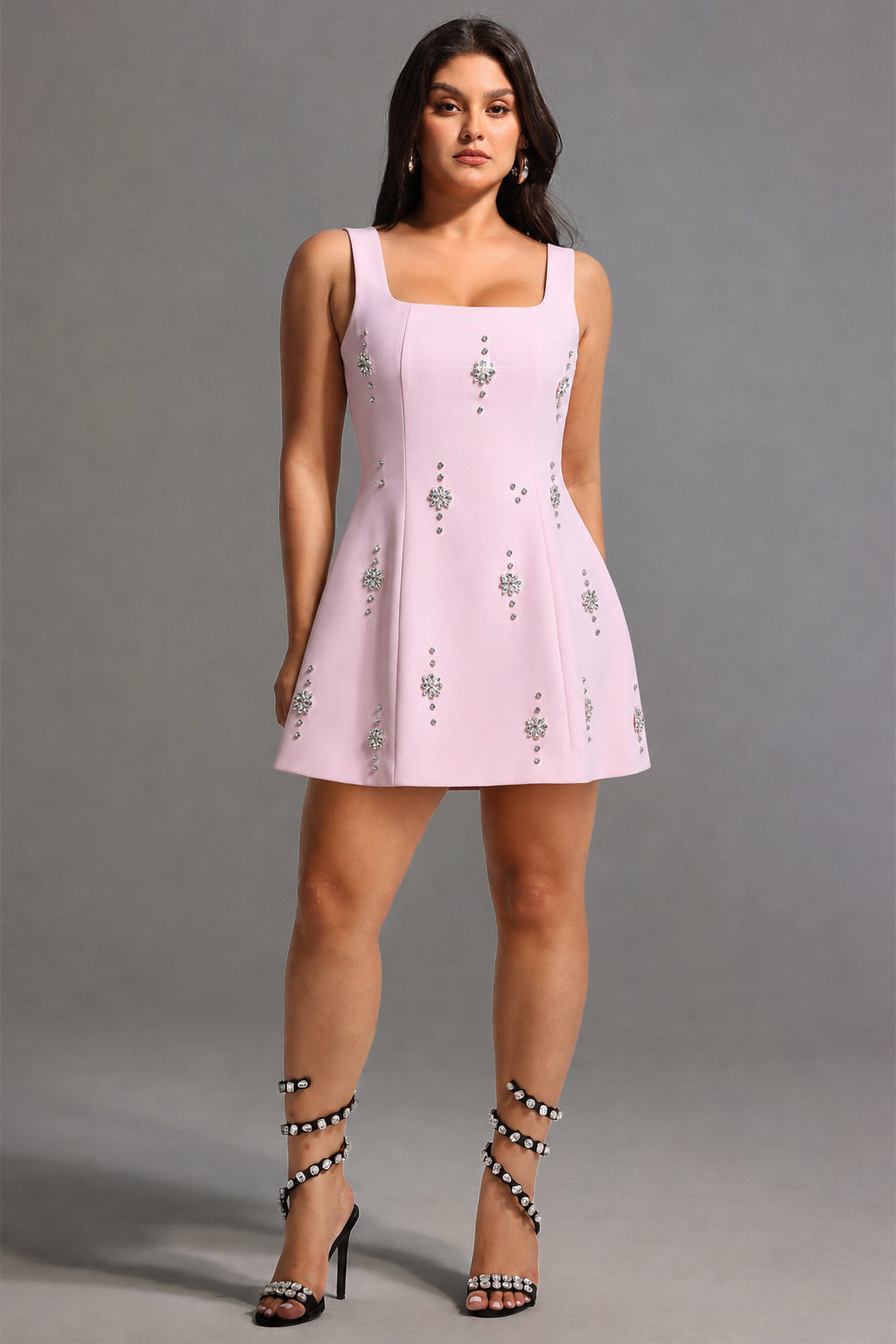 Falisa Classic Tailored Square Neck Rhinestone Woven Mini Dress