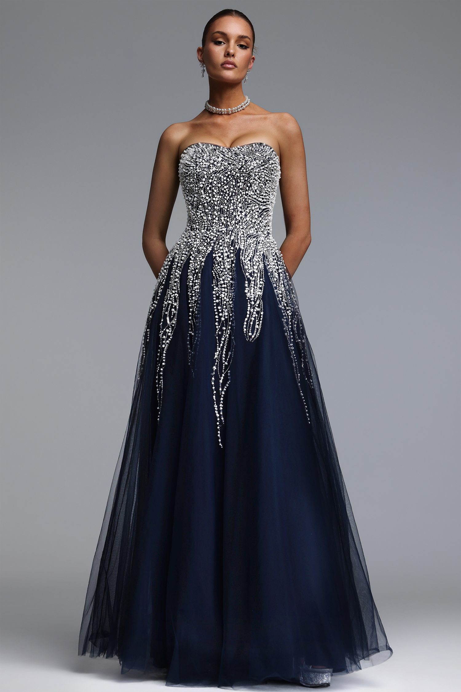 Soloma Glamorous Flowy Strapless Embellished Tulle Maxi Dress