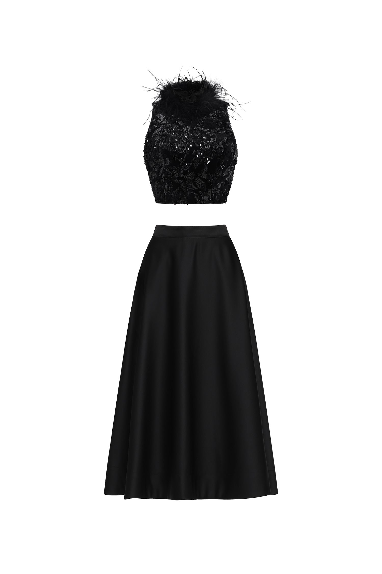 Chic Contonur Sleeveless Feather Sequin Velvet Top and Satin Skirt Set