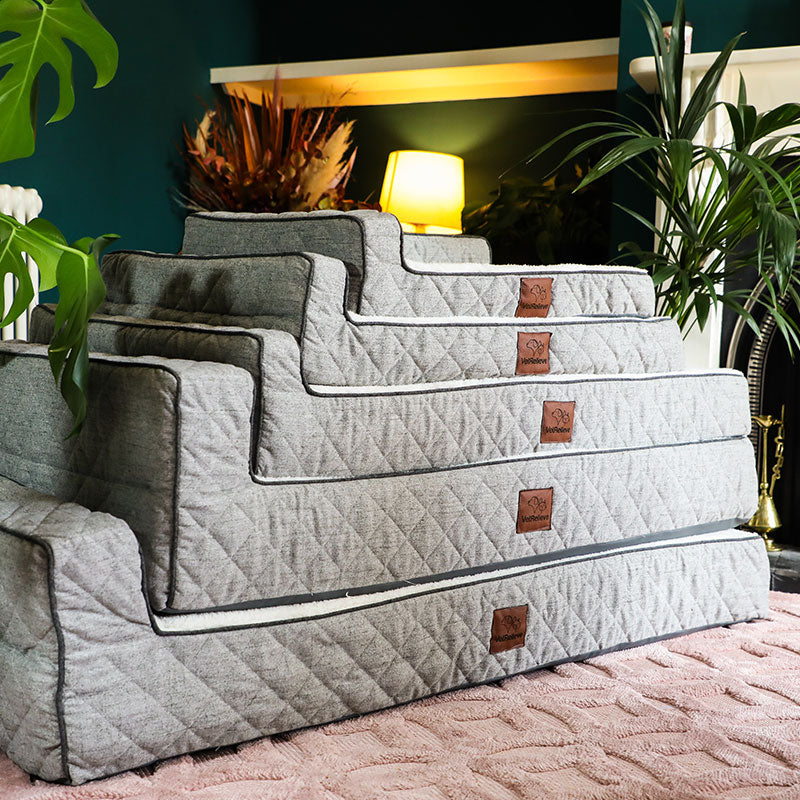 Five OrthoLuxe pet mattresses stacked in ascending size order on a pink textured rug. Each bed features quilted grey fabric with raised bolster sides, a cream-colored sleeping surface with dark piping, and a brown leather accent tag. The display is set against a dark teal wall with illuminated shelving, decorative branches, a yellow lamp, and lush green plants on either side, creating a luxurious home décor setting.