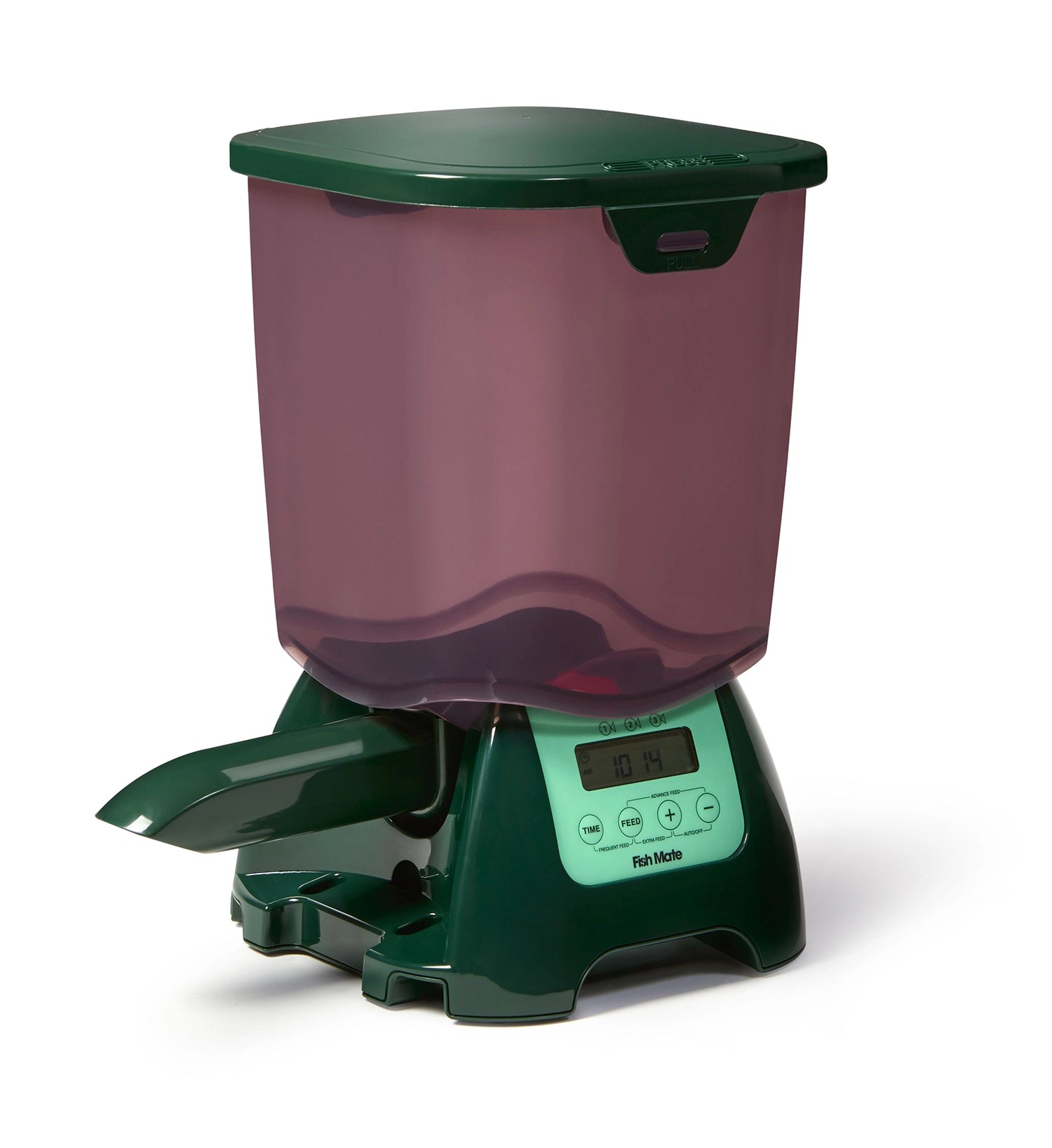 Side angle of a green and purple fish feeder which is suitable for pond fish such as goldfish and koi, on a white background