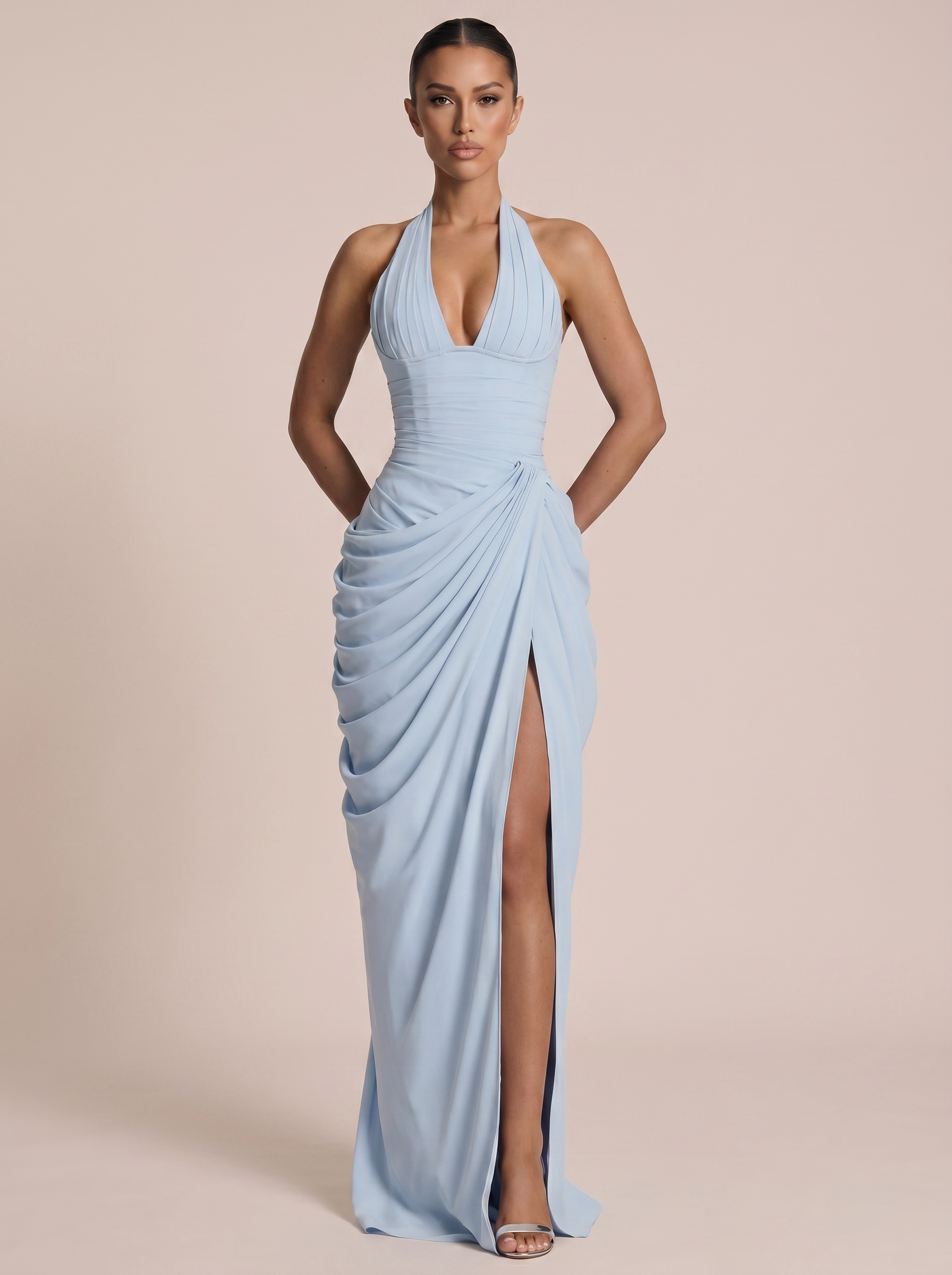 Mozision Wine Red Halter Deep V Maxi Dress Women Elegant Draped Ruched High Split Bodycon Cocktail Wedding Club Party Dresses