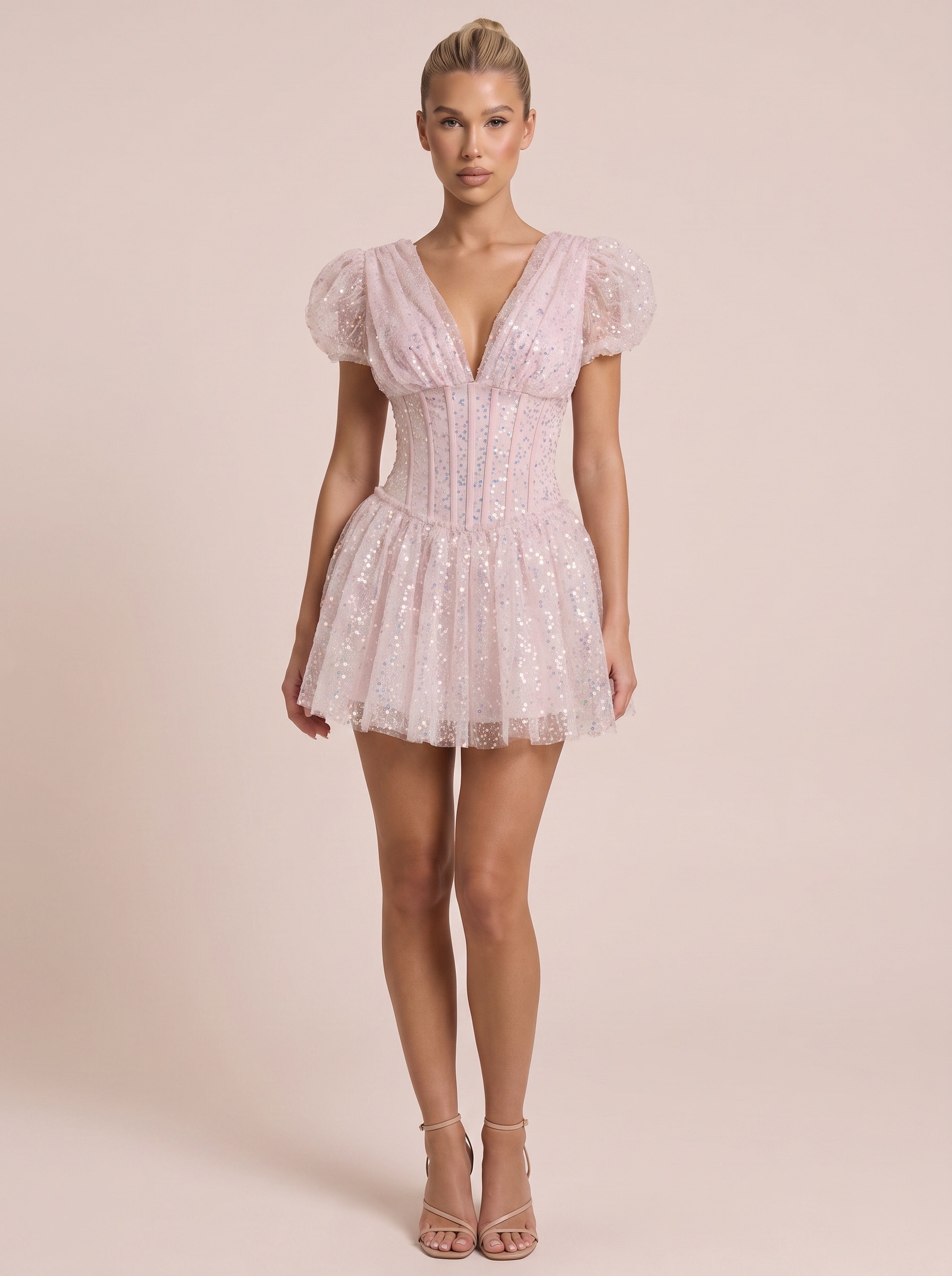 TWOTWINSTYLE Solid Spliced Sequins Slimming Mini Dresses for Women V Neck Short Sleeve Patchwork Ruffle Folds Dress Female New