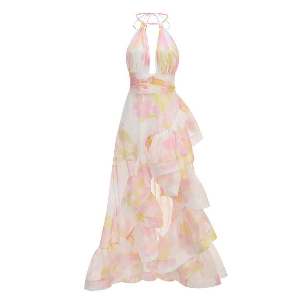 Maia Pink Floral Print Halter Neck Chiffon Ruffle Maxi Dress