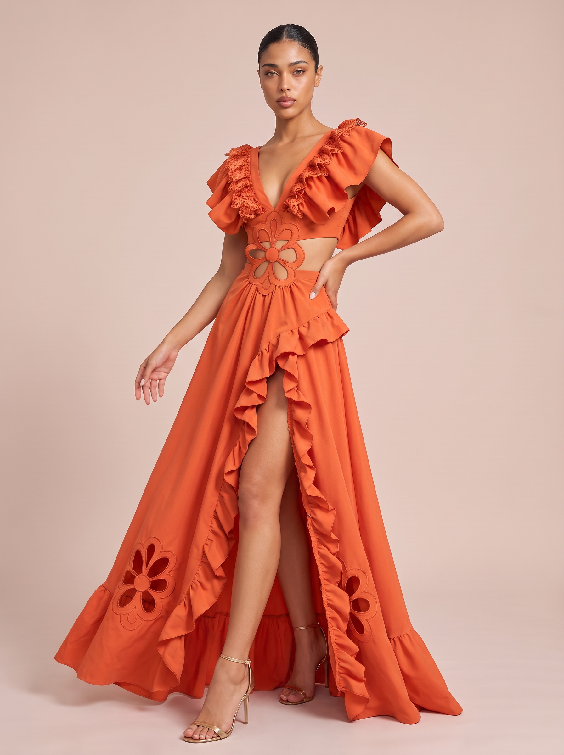 Oriana Ruffled Lace Short Sleeve Ruffle Maxi Dress