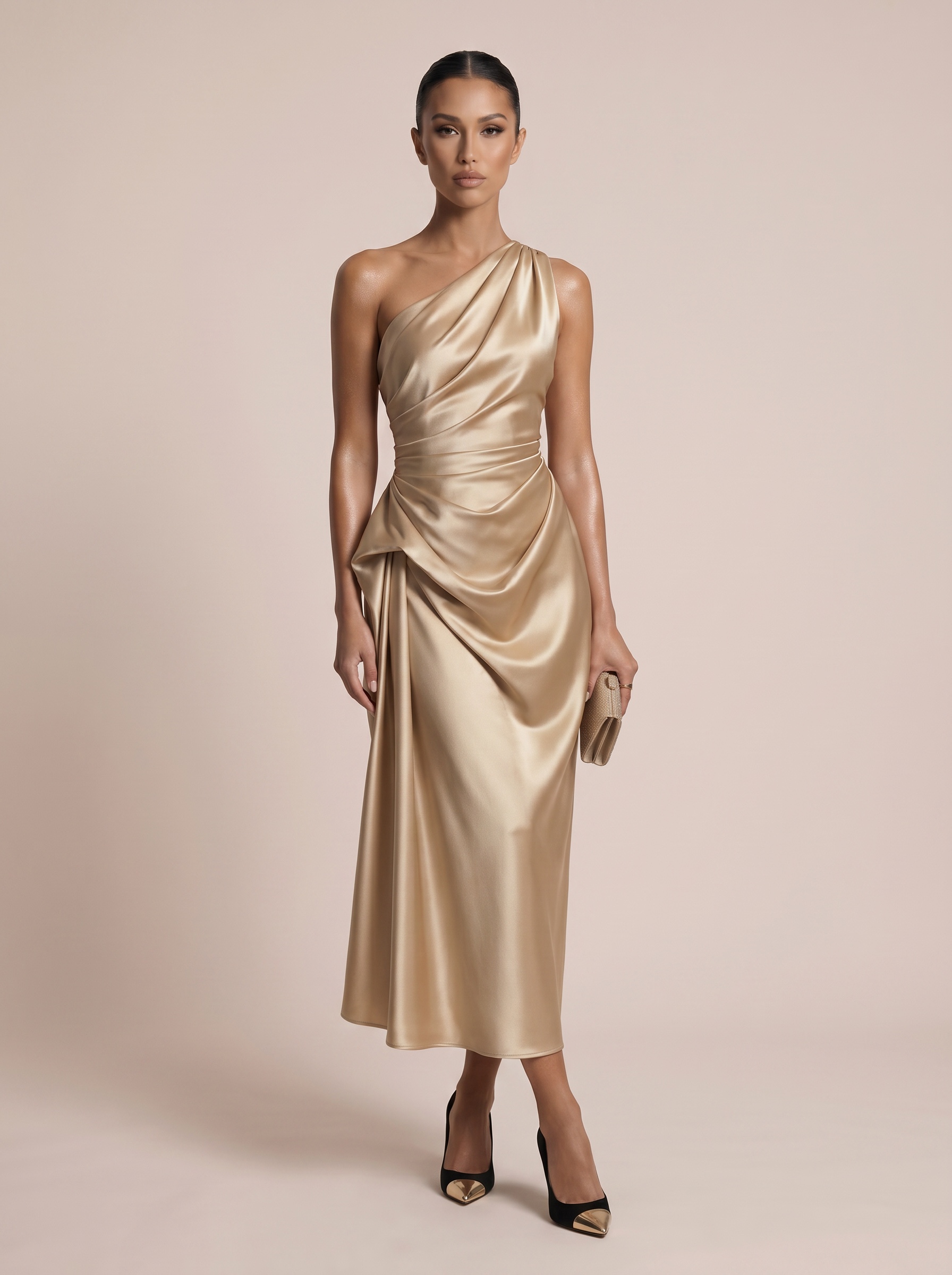 DEAT Fashion Side Ruched Wrapped Drape Dress Women's One Shoulder Glossy Satin Split Hem Sky Blue Party Dresses  New 7A5305