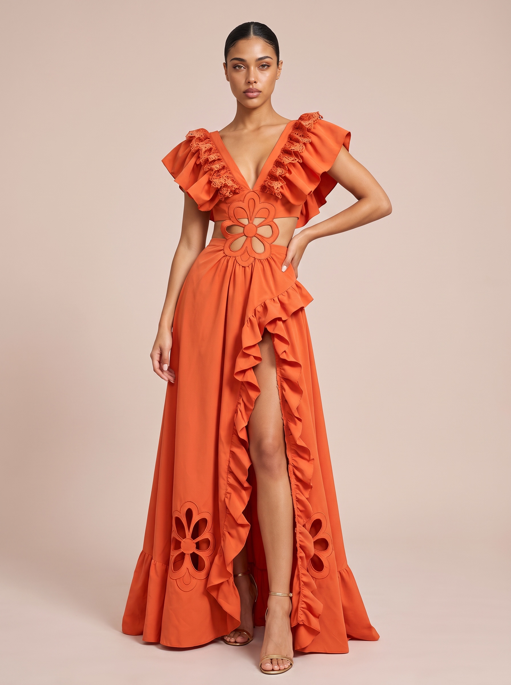 Oriana Ruffled Lace Short Sleeve Ruffle Maxi Dress