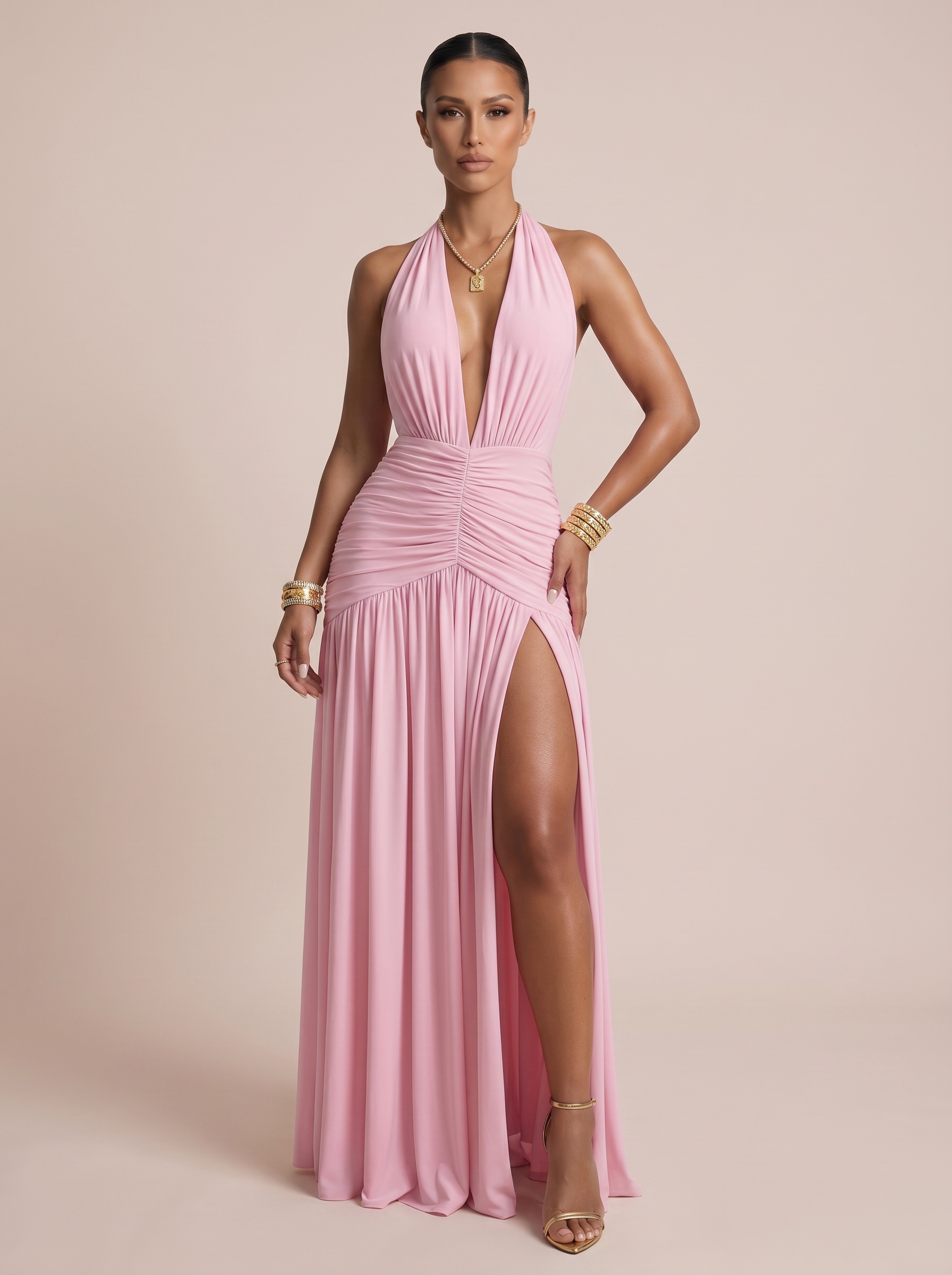 Beyprern Elegant Pink Halter Neck Maxi Dress For Women Sexy Sleeveless Ruched High Slit Long Prom Gown Luxurious Party Clubwear
