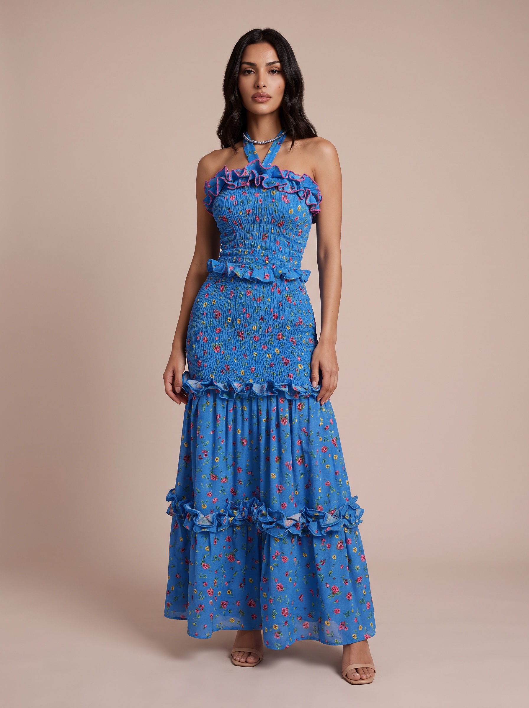 CM.YAYA Chic Women Halter Off Shoulder Ditsy Floral Maxi Dress Shirred Bodycon Ruffle Trim Tiered Flowy Evening Party Long Dress