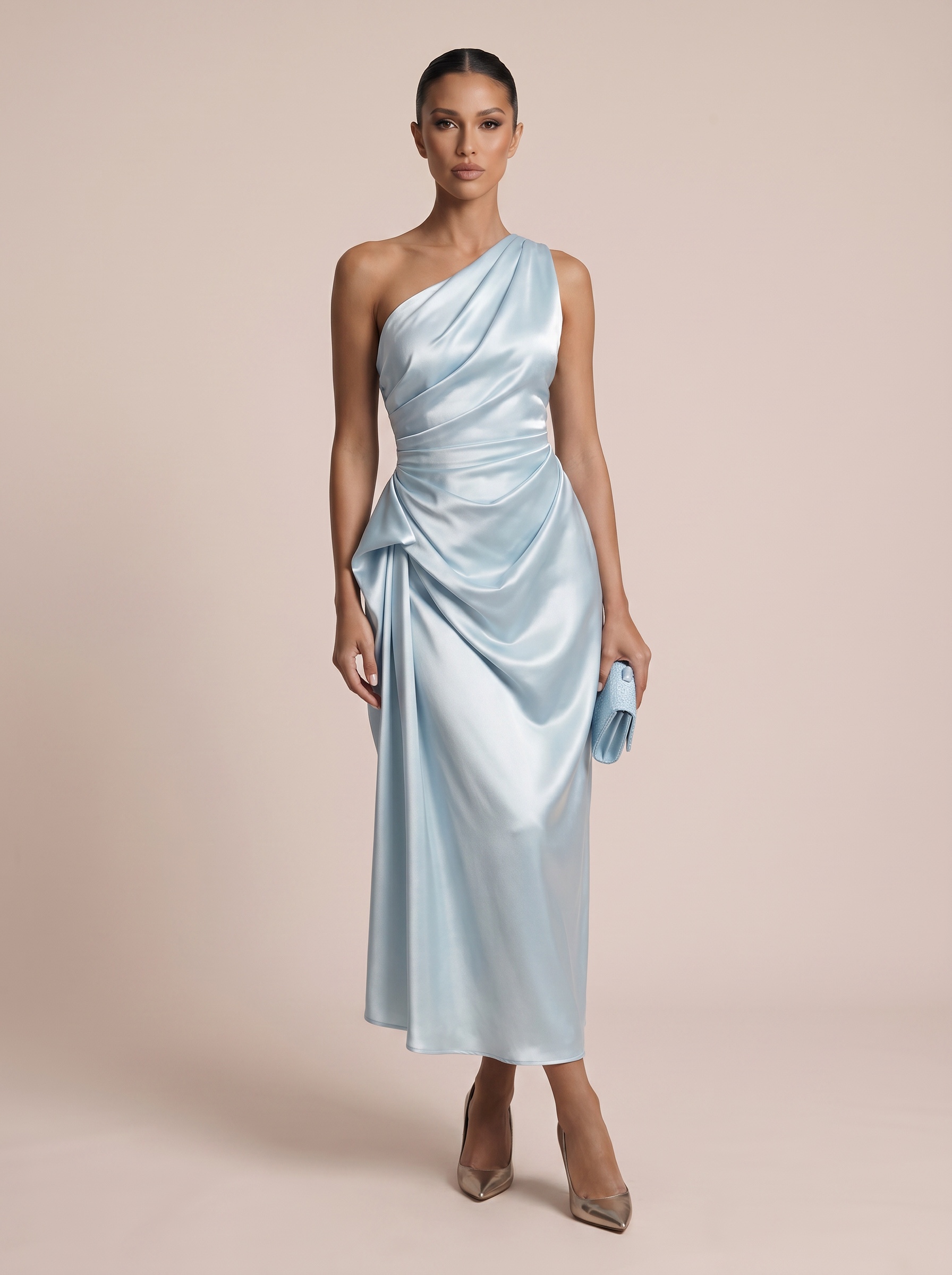 DEAT Fashion Side Ruched Wrapped Drape Dress Women's One Shoulder Glossy Satin Split Hem Sky Blue Party Dresses  New 7A5305