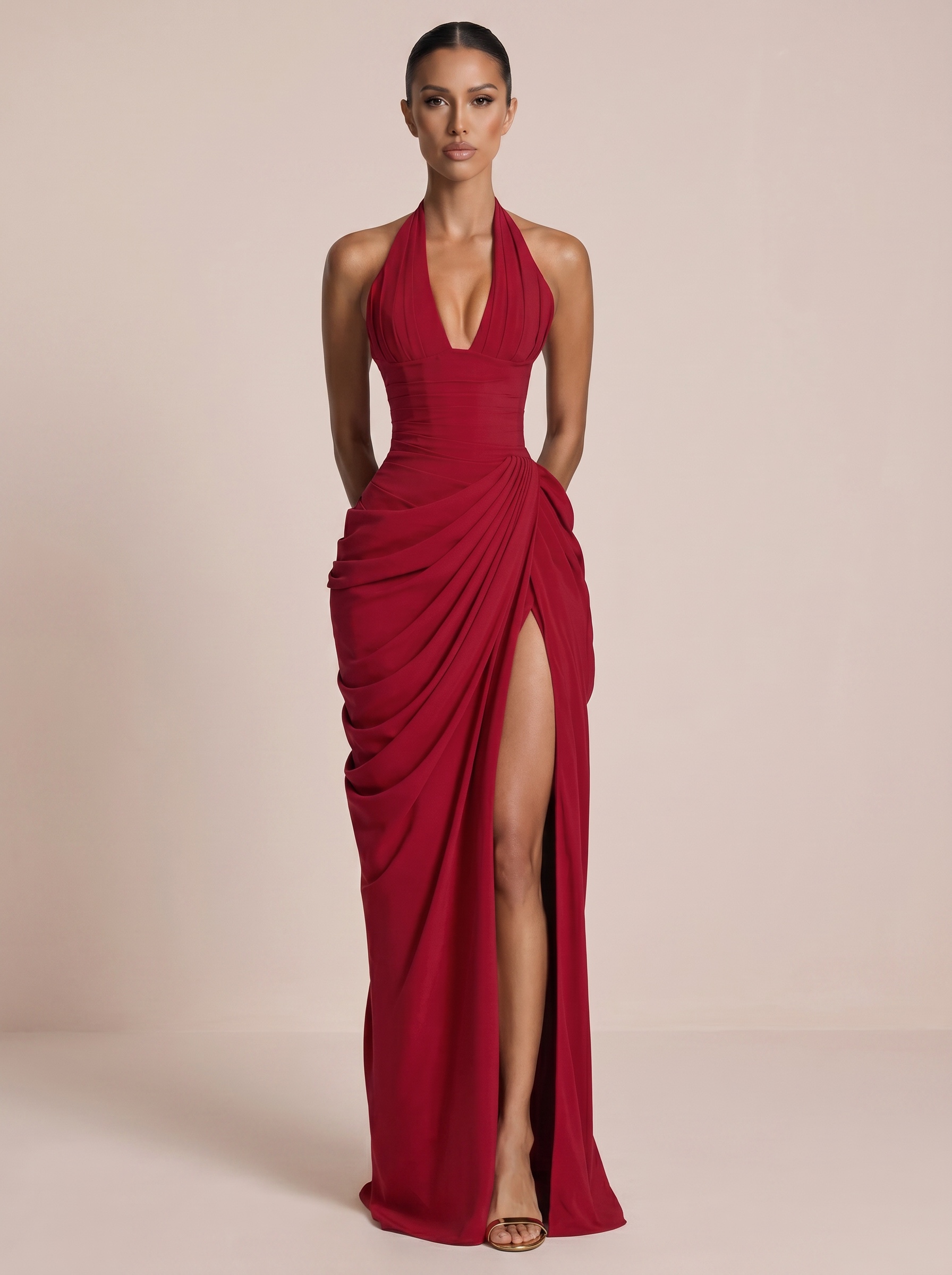 Mozision Wine Red Halter Deep V Maxi Dress Women Elegant Draped Ruched High Split Bodycon Cocktail Wedding Club Party Dresses
