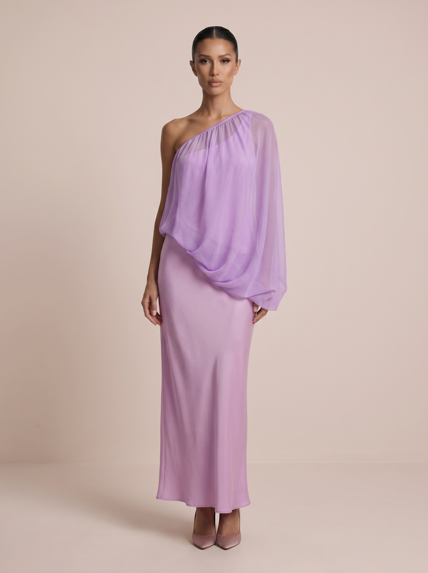 VC Women One Shoulder Chiffon Maxi Dress Elegant Gradient Pink Purple Dress Draped Pleated Satin Patchwork Bodycon Long Gown