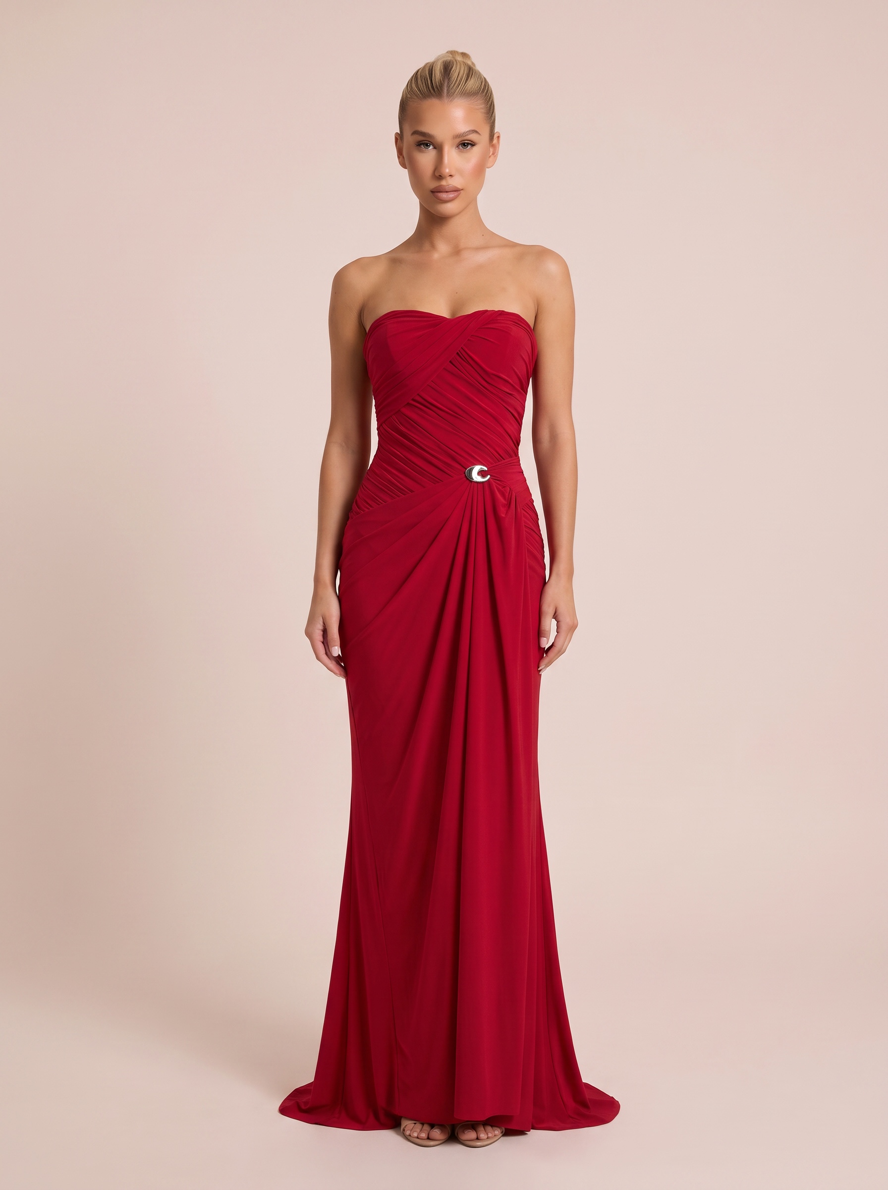 TWOTWINSTYLE Solid Spliced Draped Slimming Maxi Dresses for Women Strapless Sleeveless Patchwork Metal Buckle Dress Female New