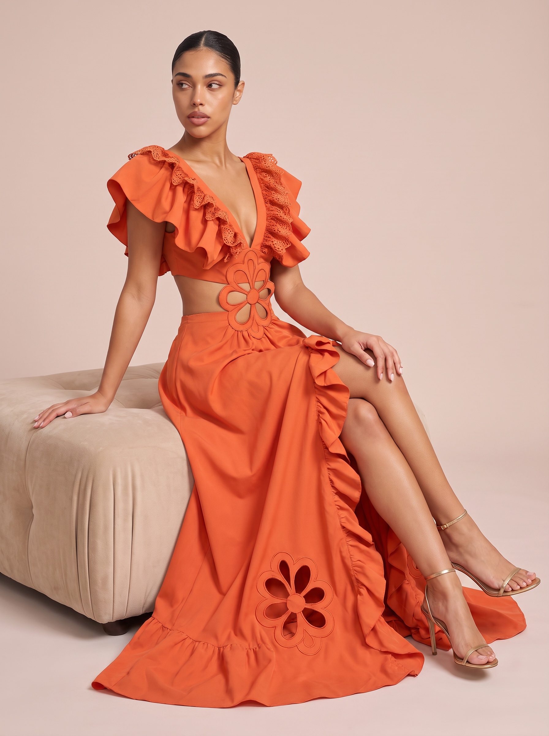 Oriana Ruffled Lace Short Sleeve Ruffle Maxi Dress
