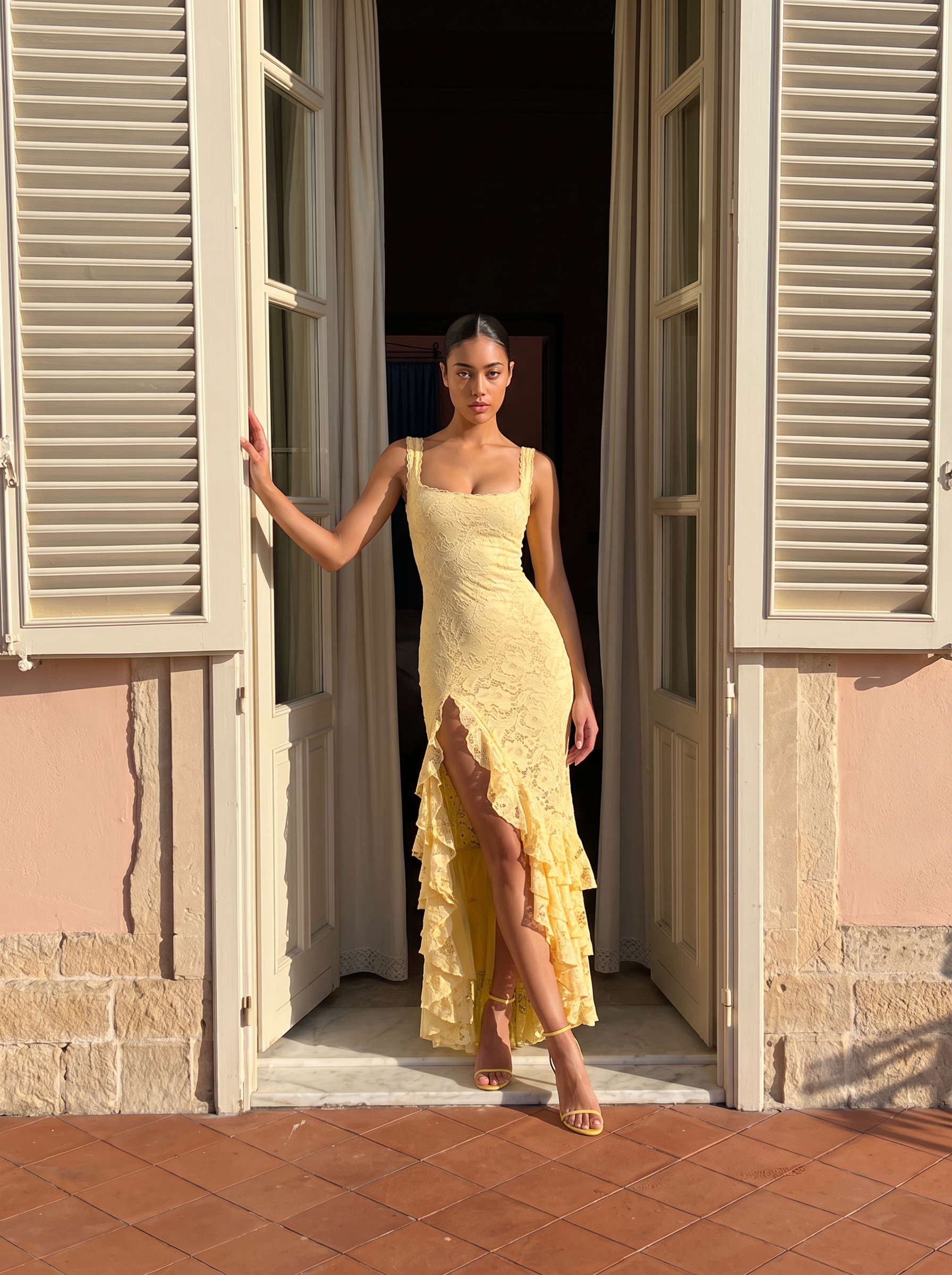 Marilyn Square Strap Ruffle Lace Mermaid Maxi Dress