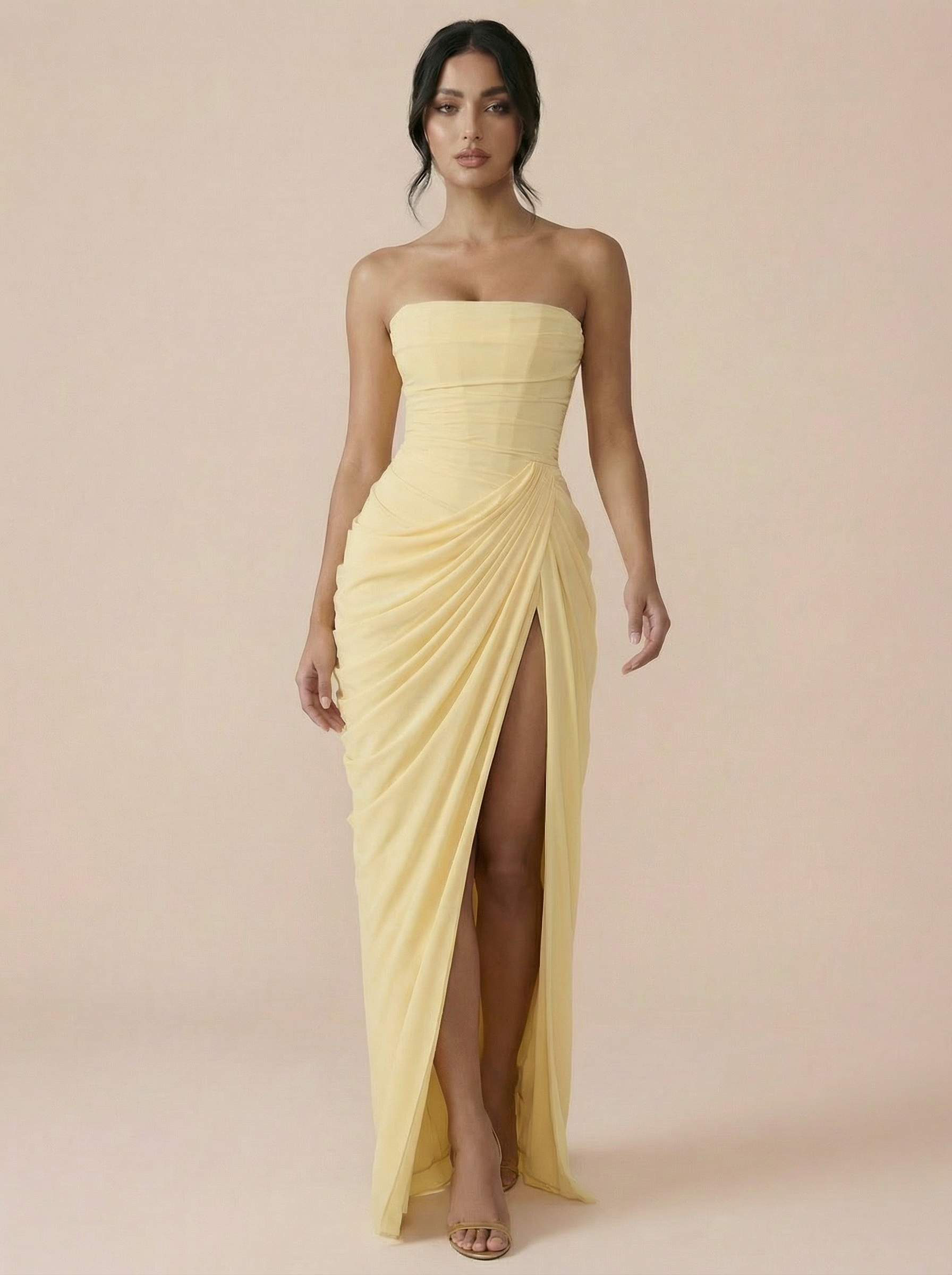 Olivette Yellow Strapless Corset Elegant Maxi Dress