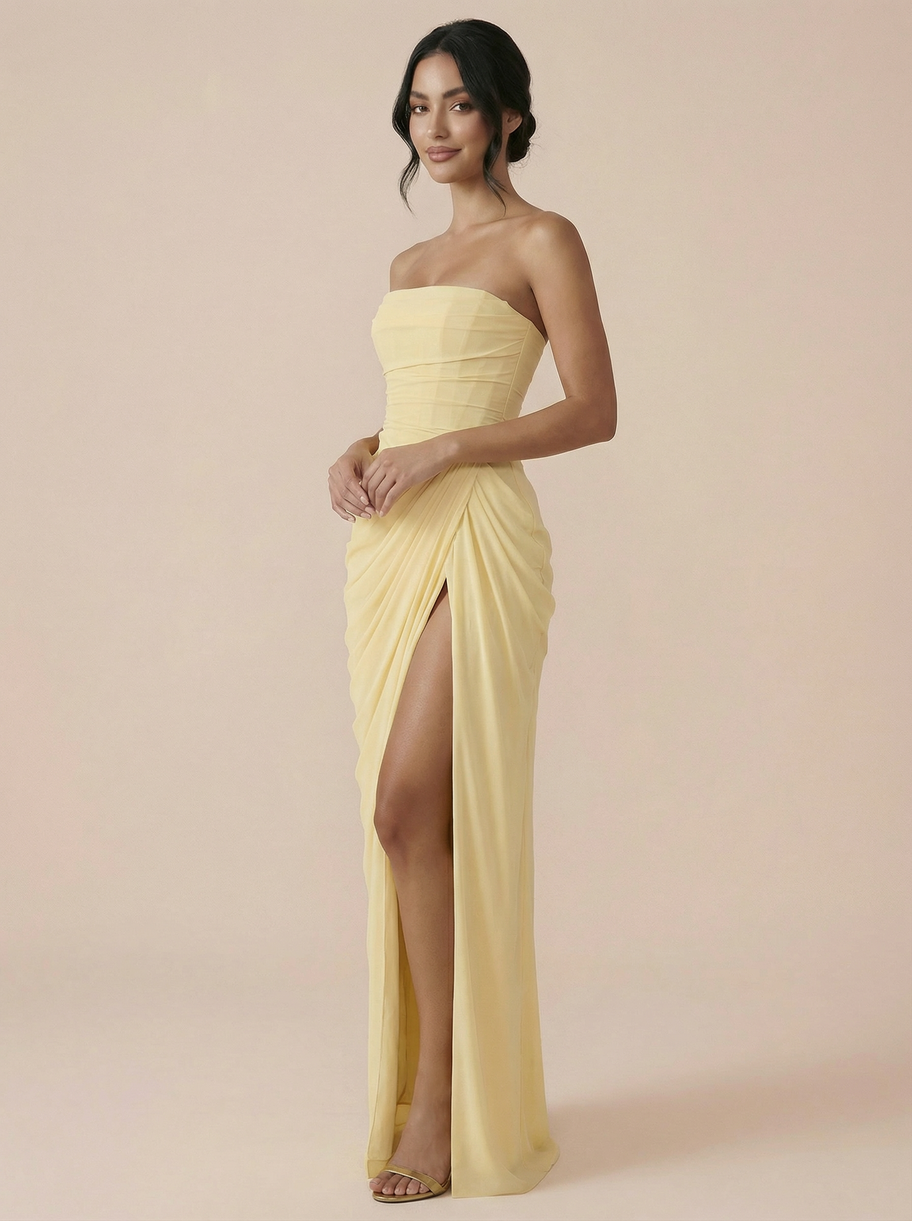 Olivette Yellow Strapless Corset Elegant Maxi Dress