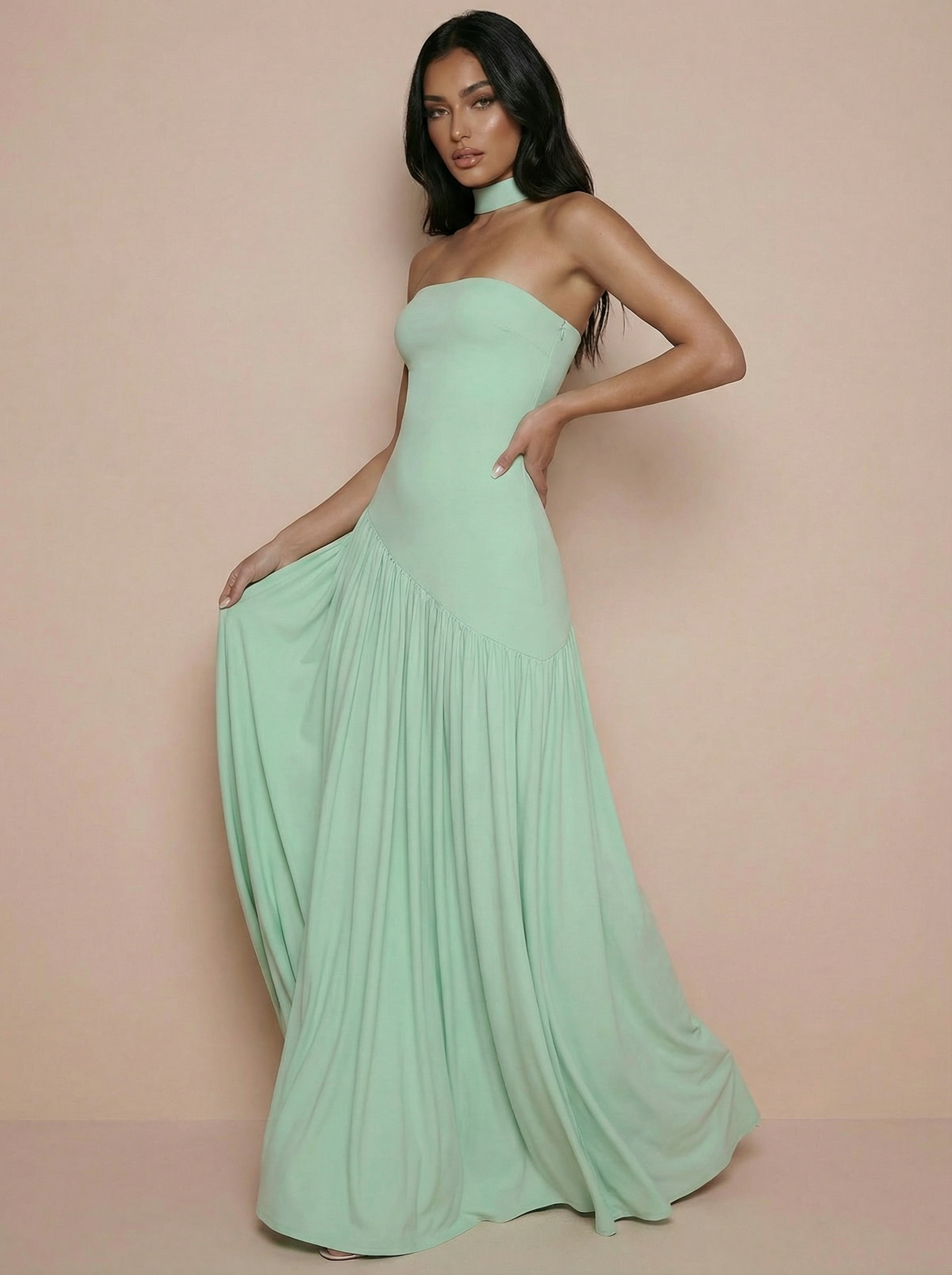 Vilma Light Green Strapless A Line Maxi Dress