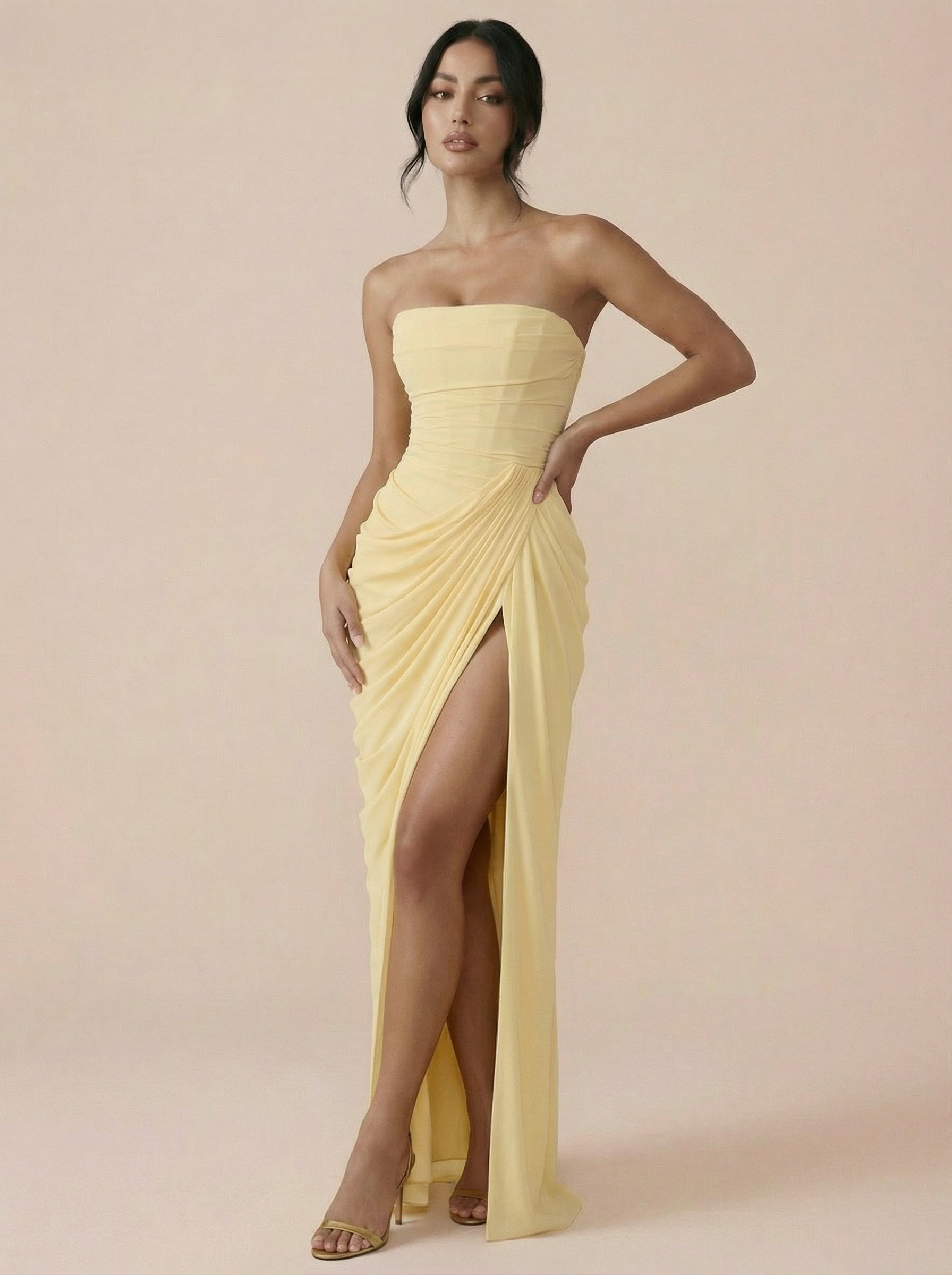 Olivette Yellow Strapless Corset Elegant Maxi Dress