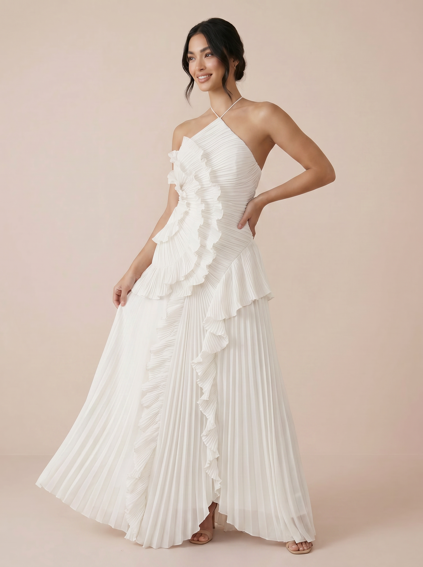 Adele Elegant Halter A Line Ruffle Maxi Dress