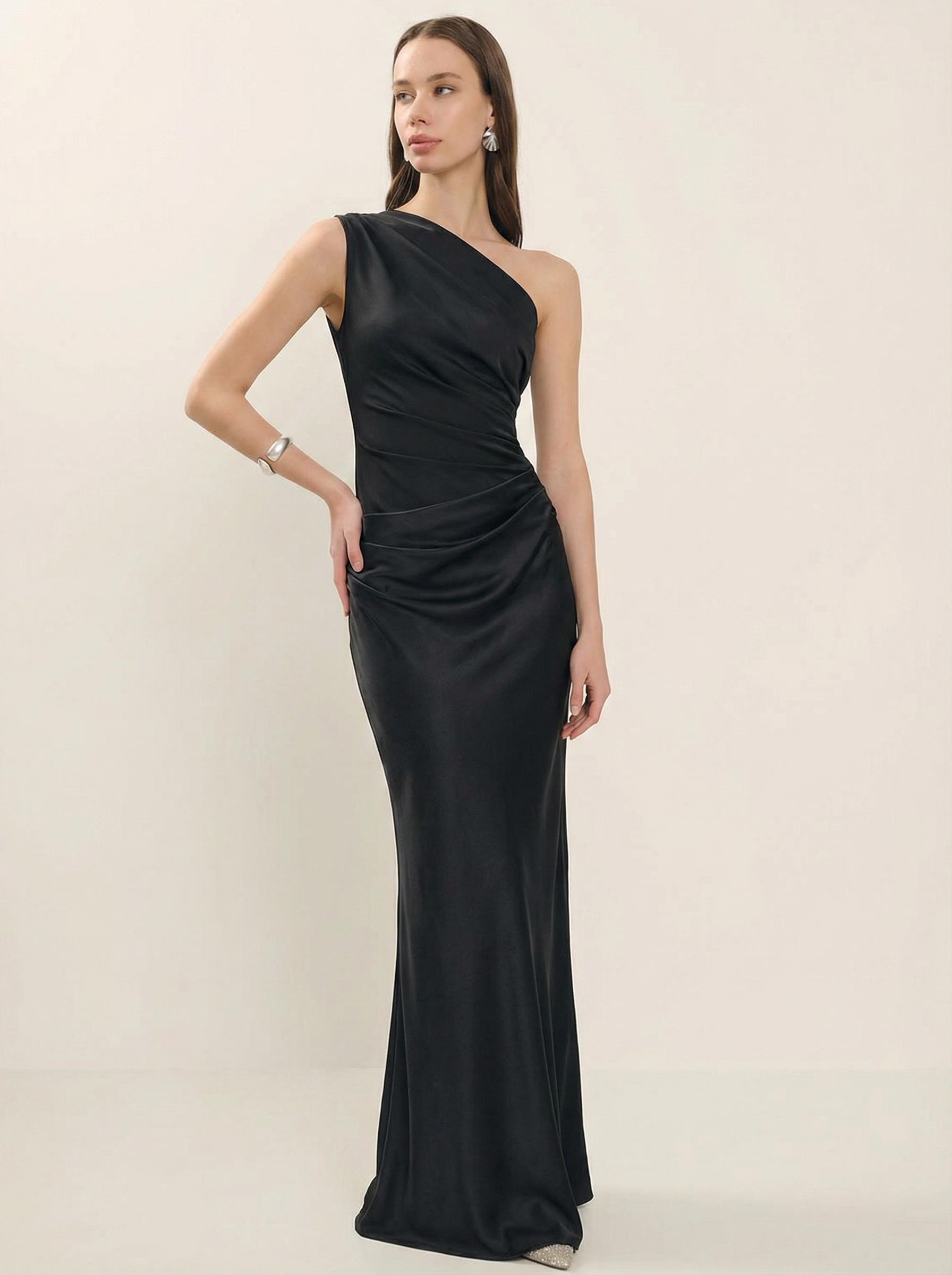 Lalia Satin One Inclined Shoulder Maxi Dress