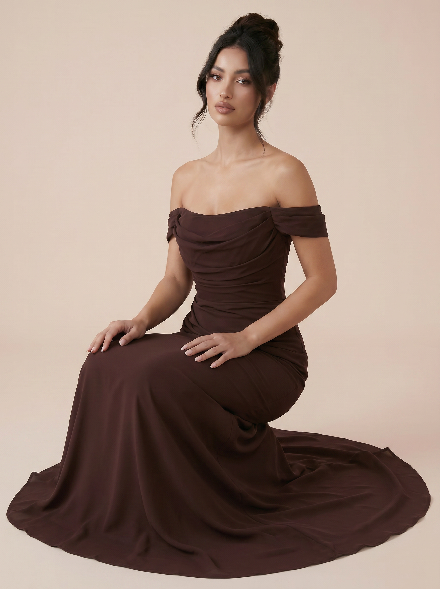 Noor Brown Off the Shoulder Handmade Maxi Dress
