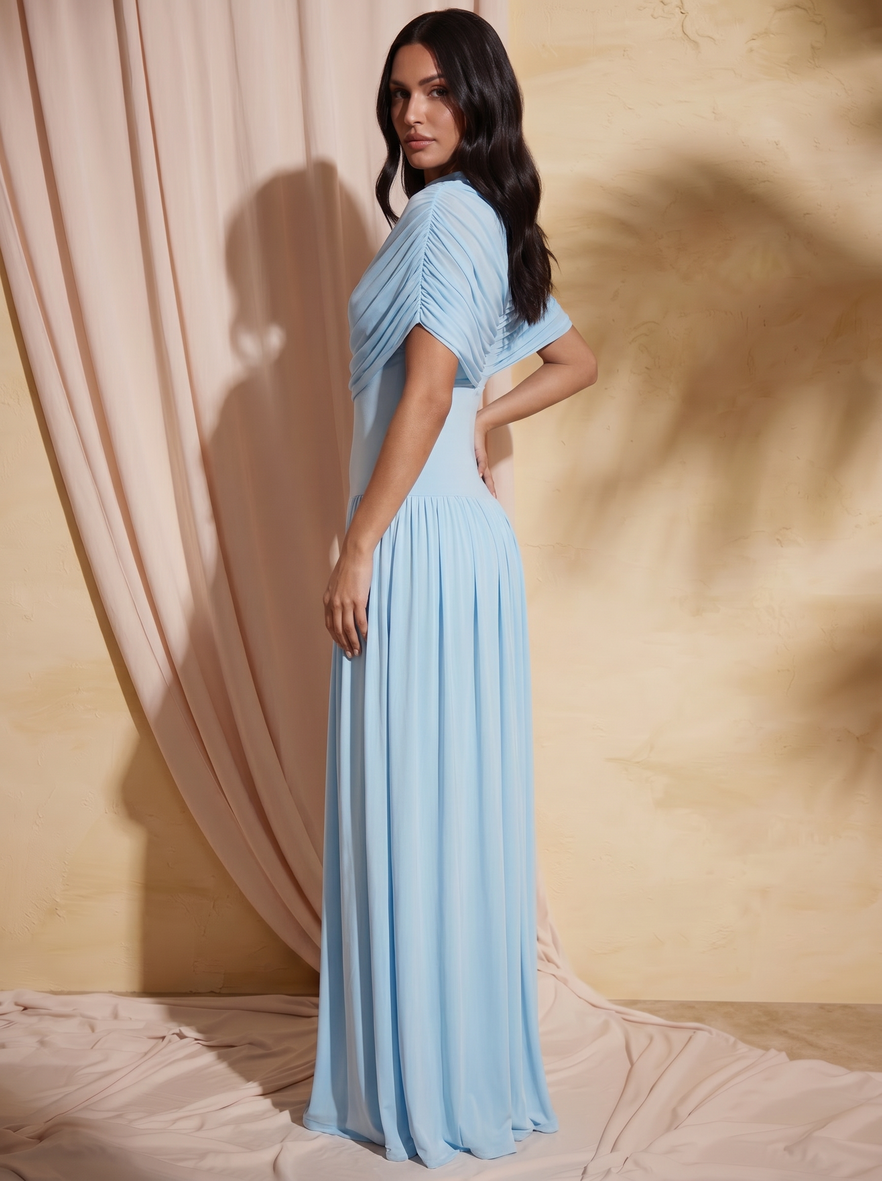 Cleodora Blue Elegant Draped Shoulder Maxi Dress