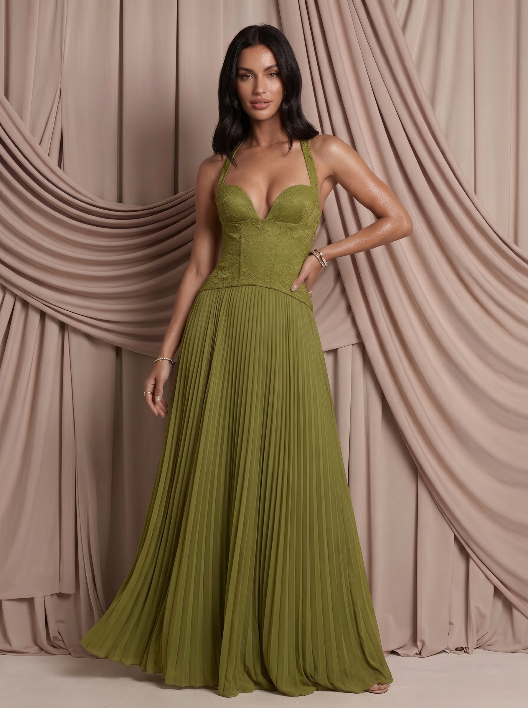 Jordana Green Corset Halter Long Maxi Dress