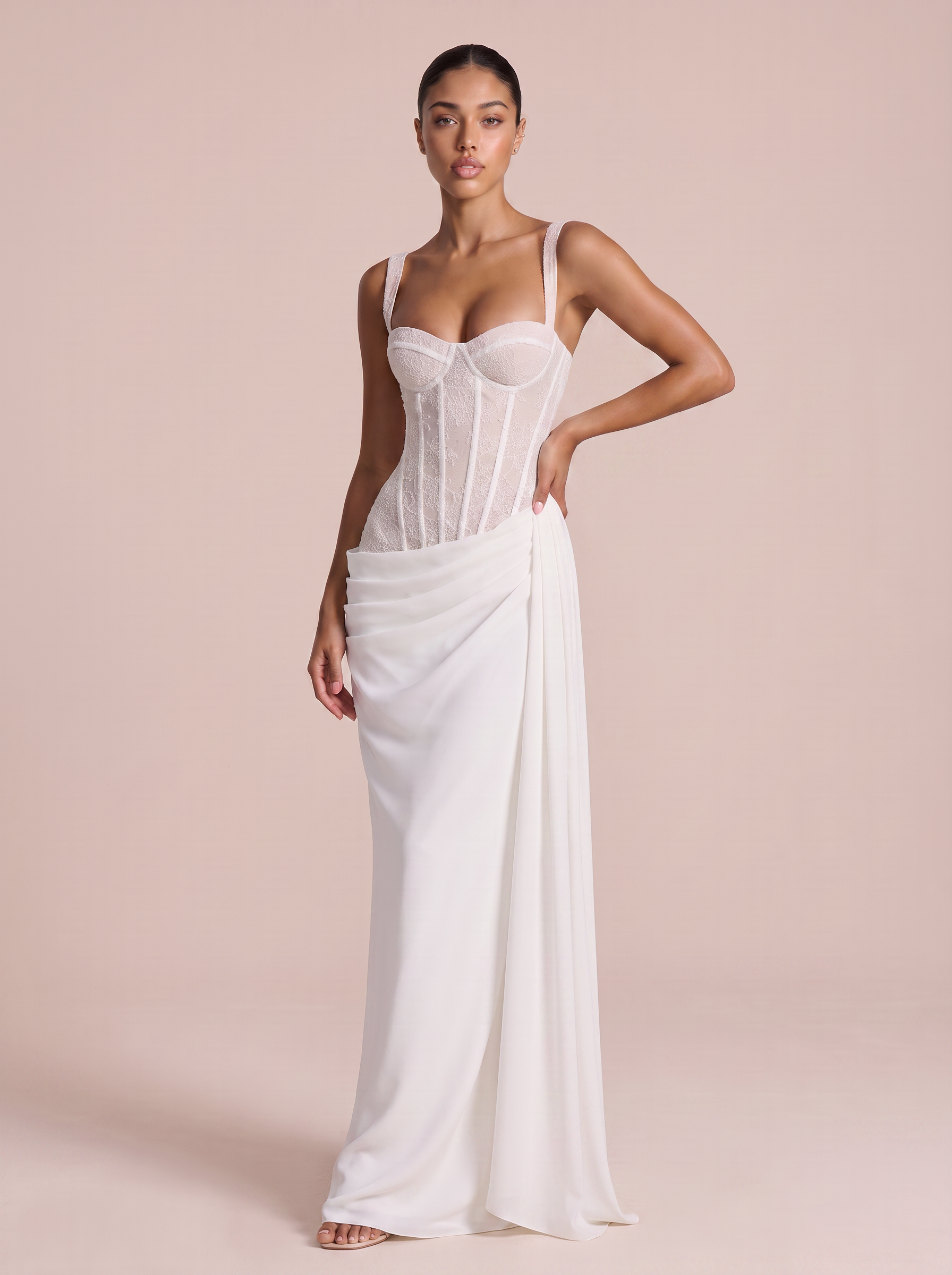 Tyra White Lace Strapless Pleated Maxi Dress