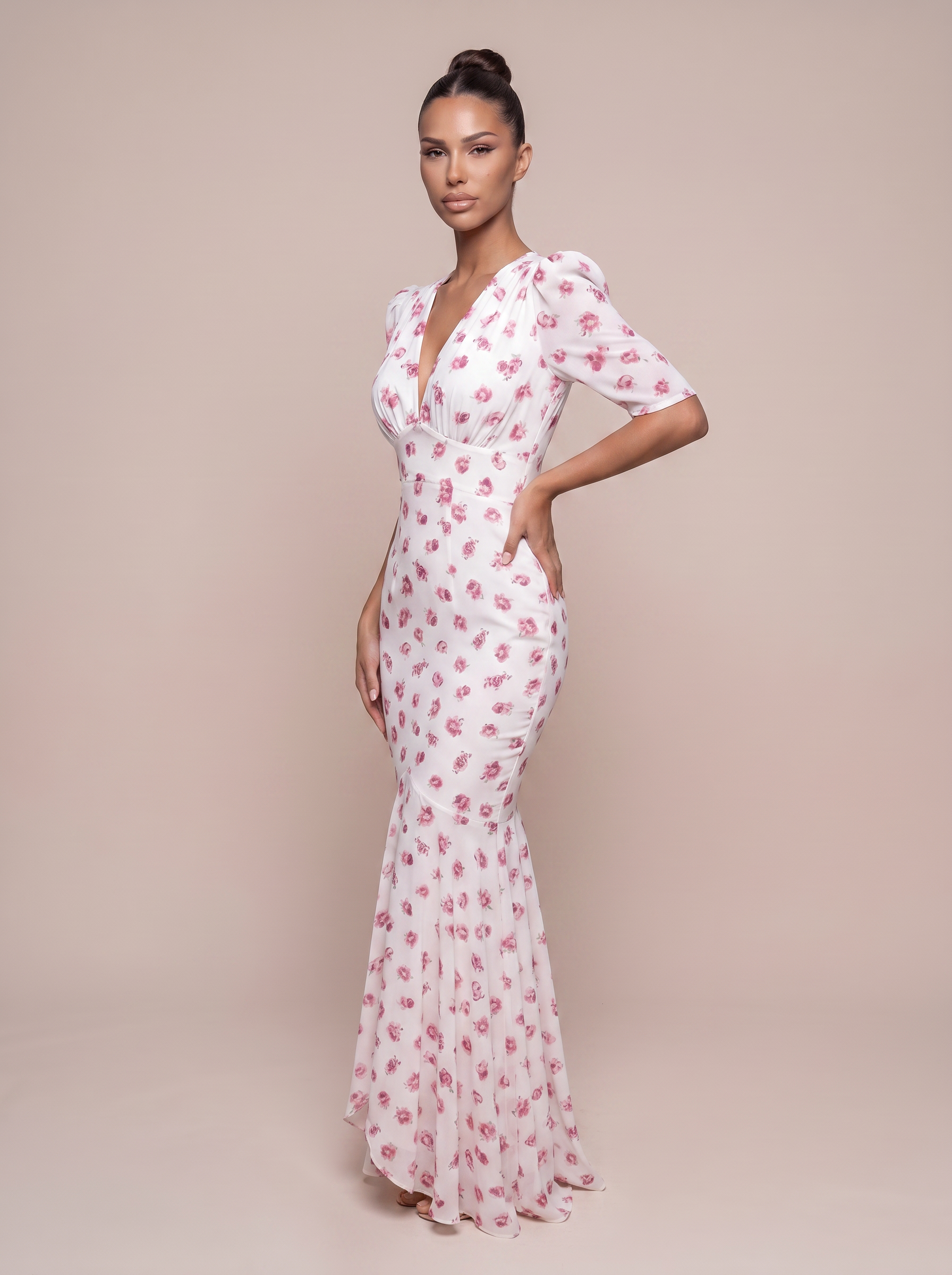 Analise Short Sleeve Elegant Floral Printed Maxi Dress