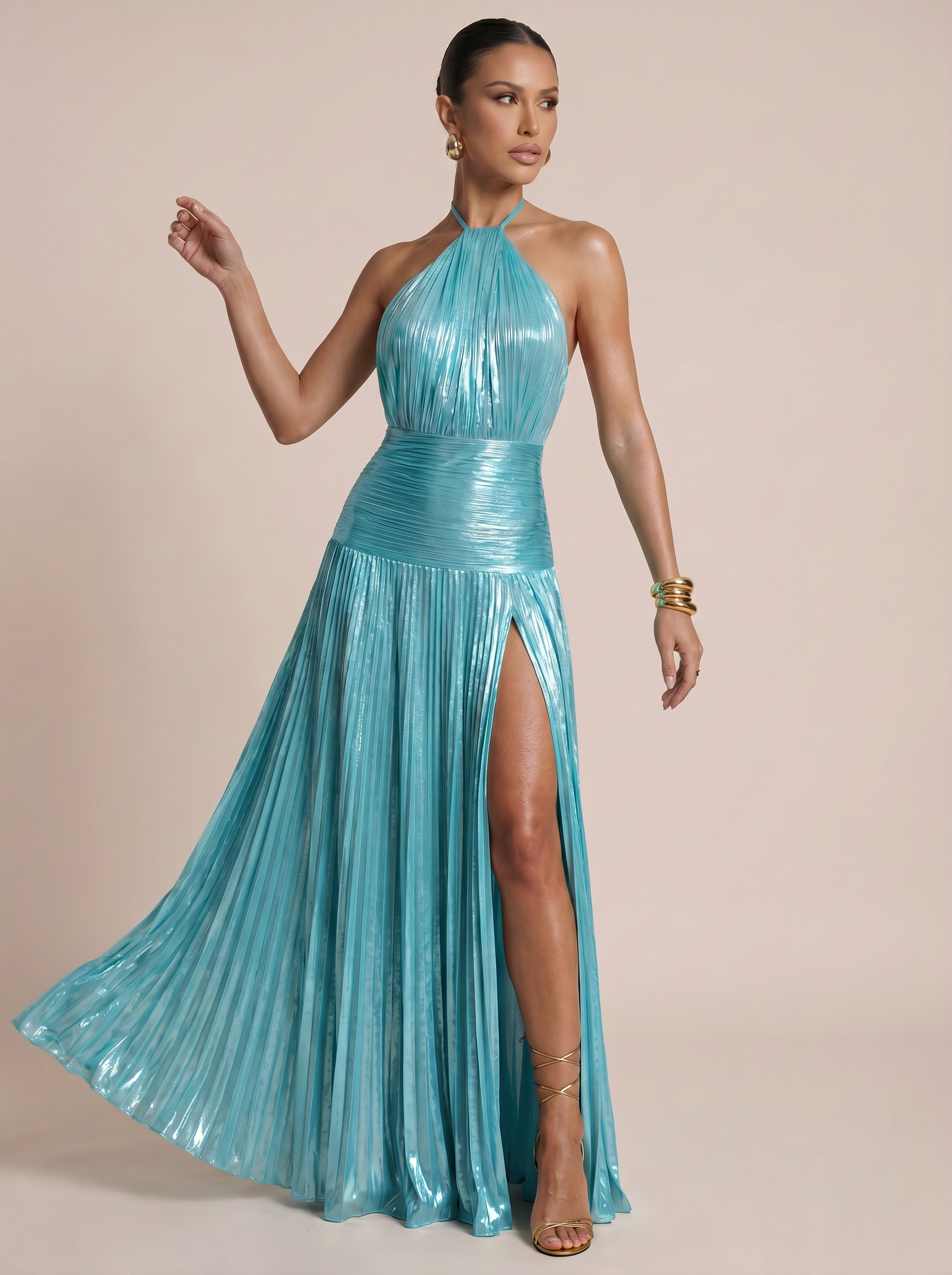 Siennia Halter Pleated Sleeveless Maxi Dress