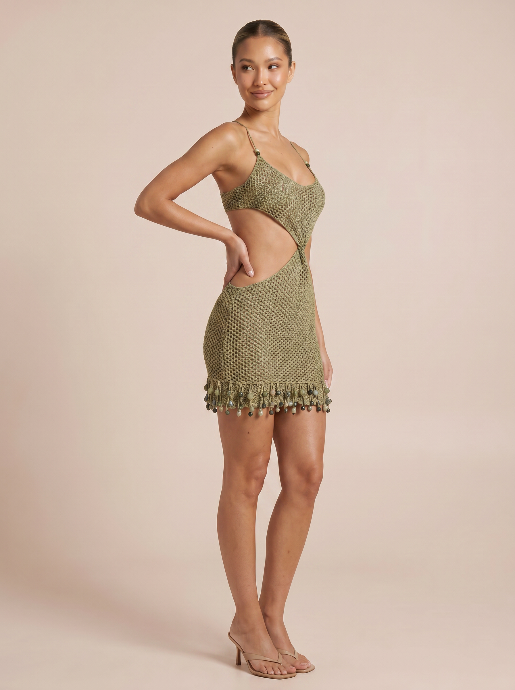 Zinine Backless Beading Fringe Crochet Beach Mini Dress
